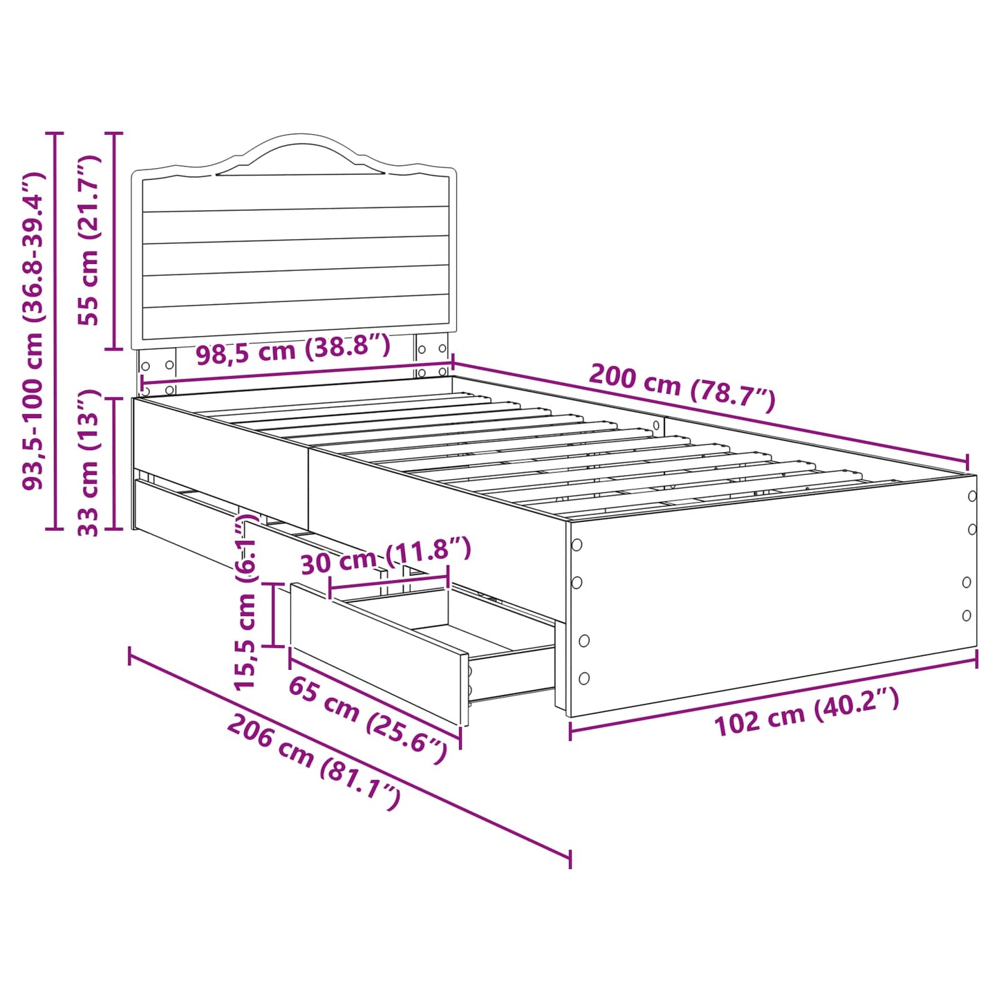 Bed Frame with Drawer Black 100 x 200 cm Engineer Wood