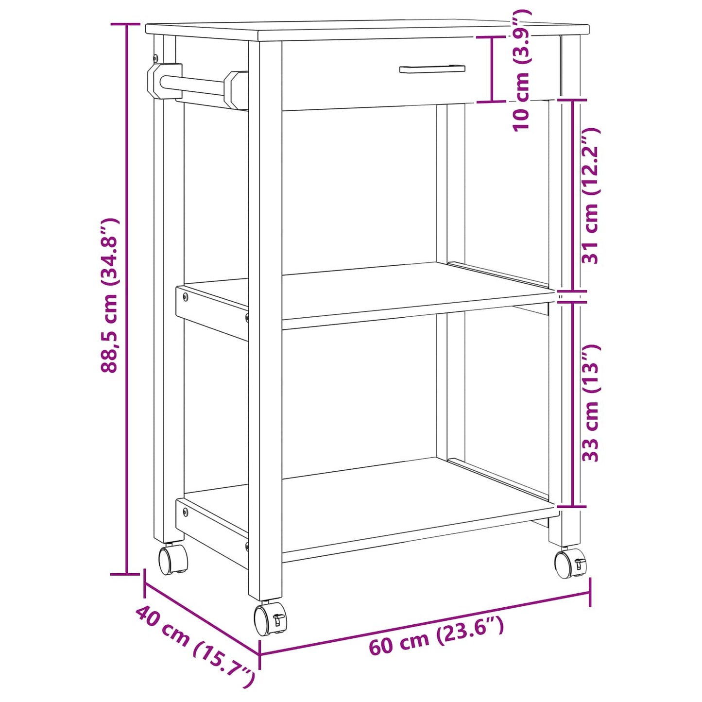 Kitchen Trolley MONZA Black 60 x 40 x 88.5 cm Solid Pine Wood