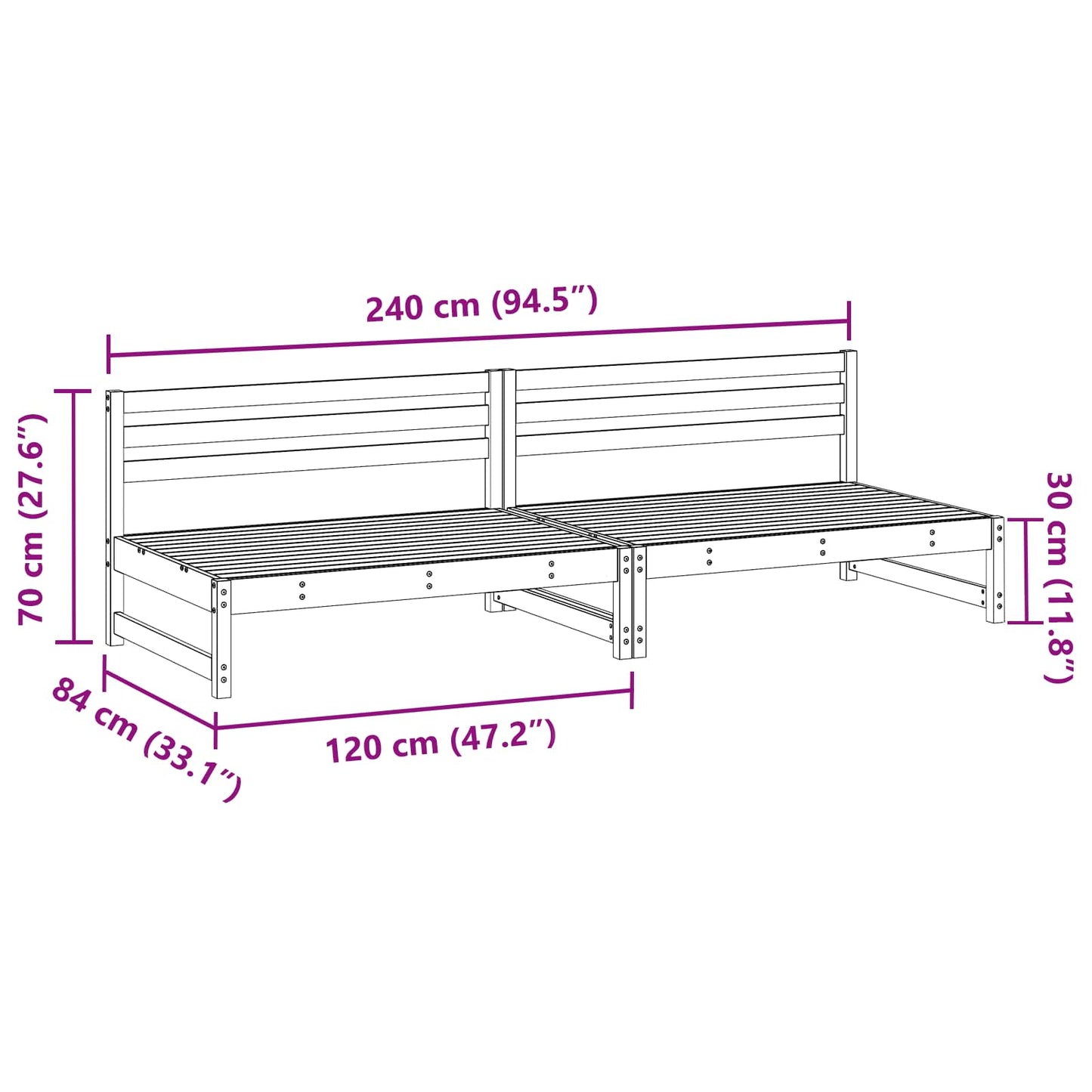 Garden Middle Sofa Solid Pine Wood Wax Brown 240 x 84 x 70 cm