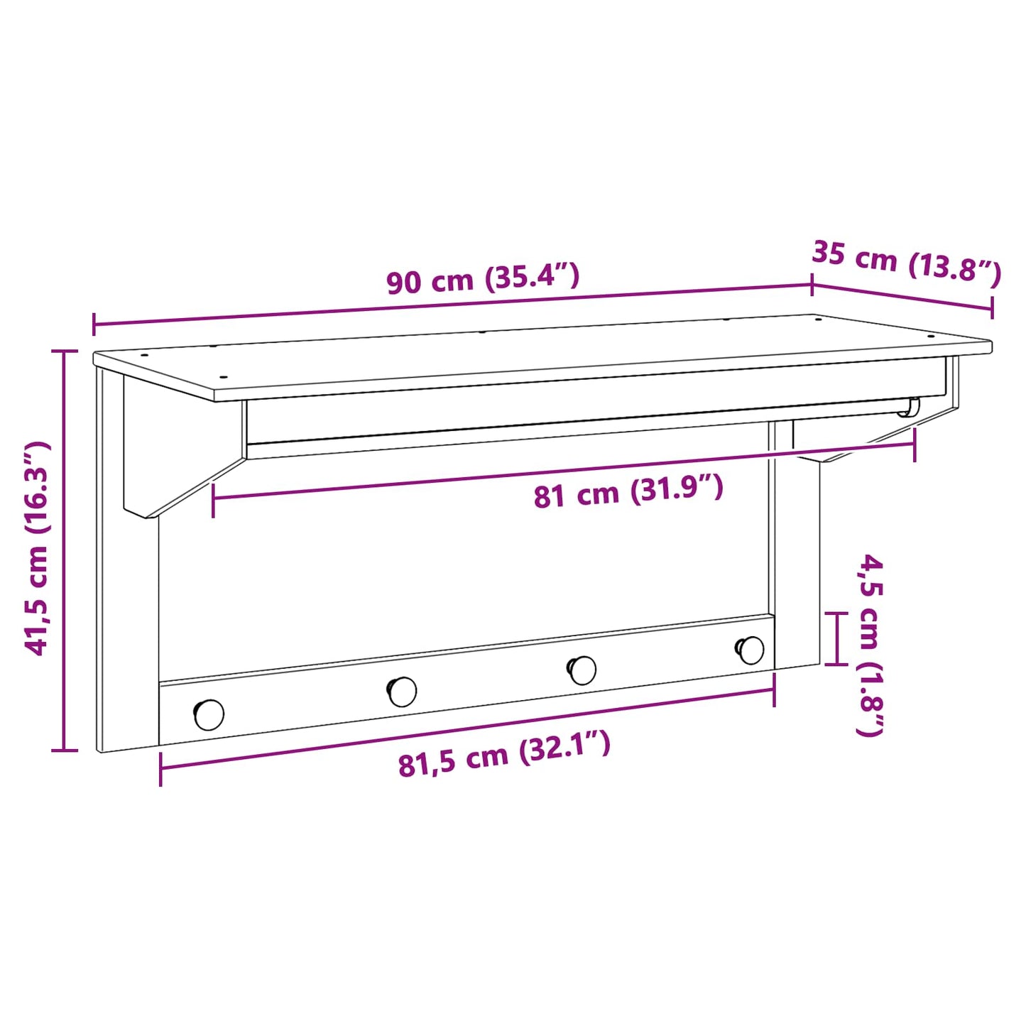 Coat Rack HILL Honey Brown 90 x 35 x 41.5 cm Solid Pine Wood