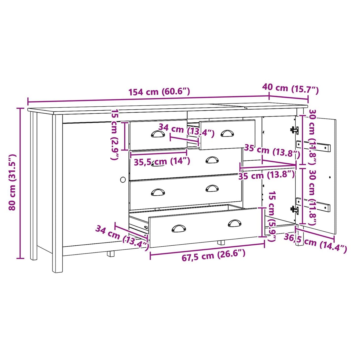 Sideboard HILL Honey Brown 154 x 40 x 80 cm Solid Pine Wood