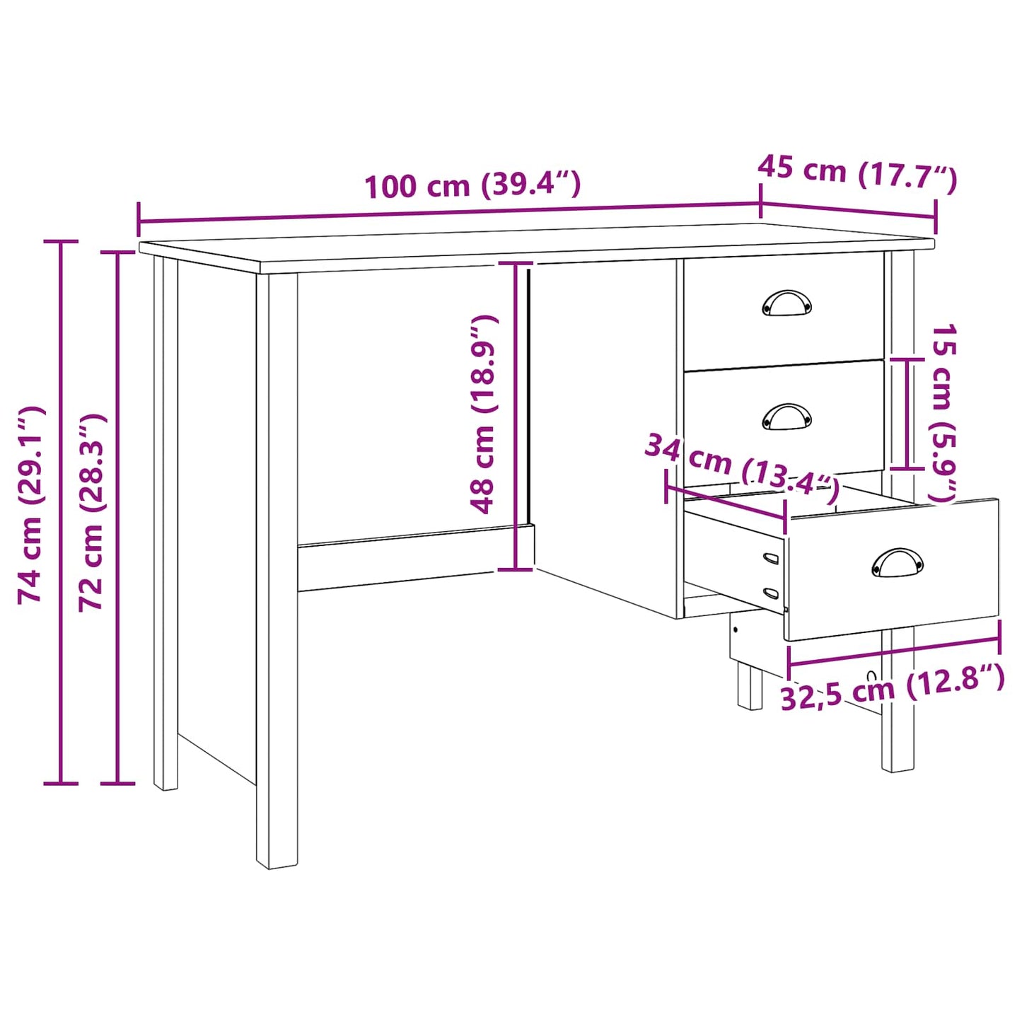 Desk with Drawers HILL Honey Brown 100 x 45 x 74 cm