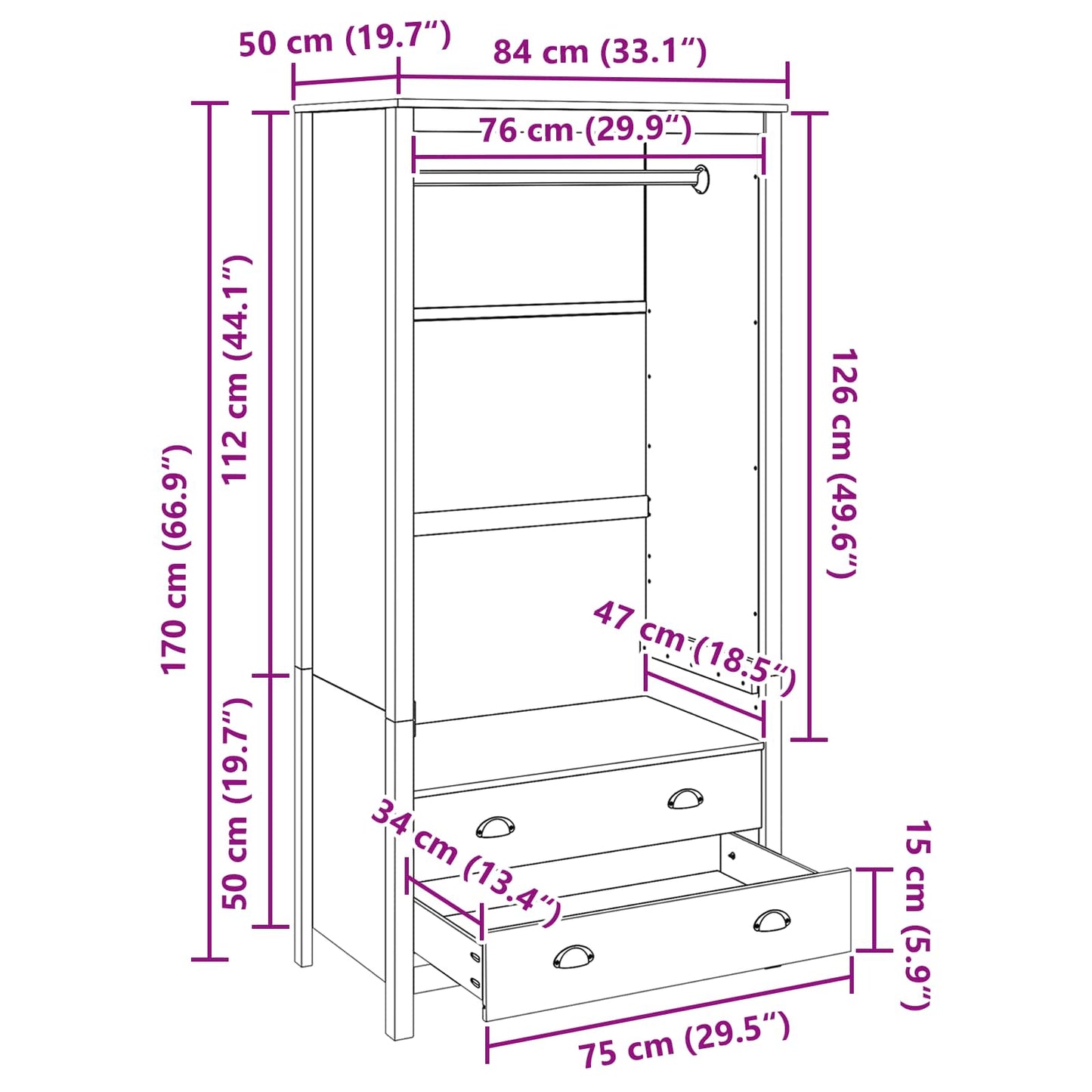 Wardrobe HILL Honey Brown 84 x 50 x 170 cm Solid Pine Wood