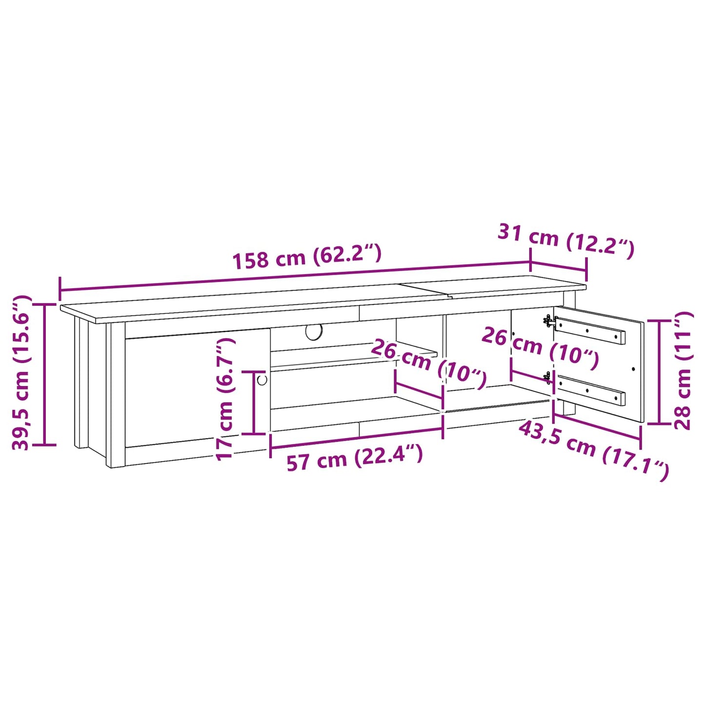 TV Rack HILL 158 x 40 x 39.5 cm Honey Brown Solid Pine Wood
