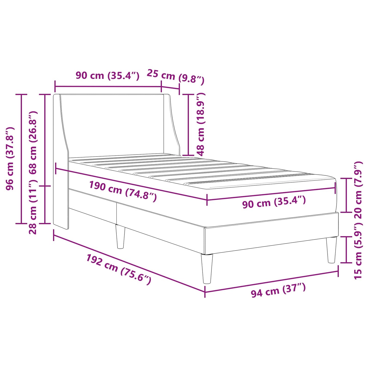 Bed Frame with Mattress Dark Grey 90 x 190 cm Fabric