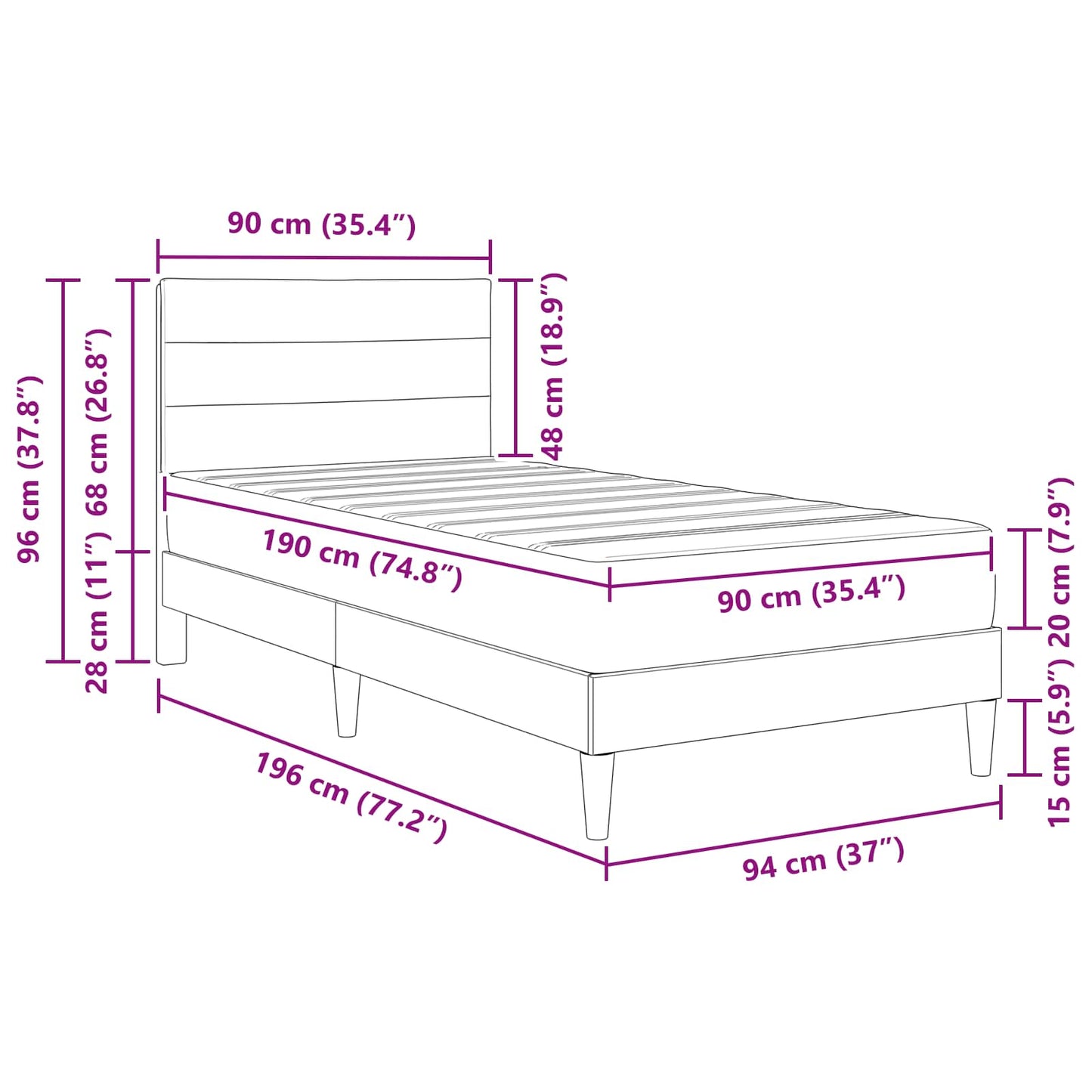 Bed Frame with Mattress with Headboard Black 90 x 190 cm Fabric