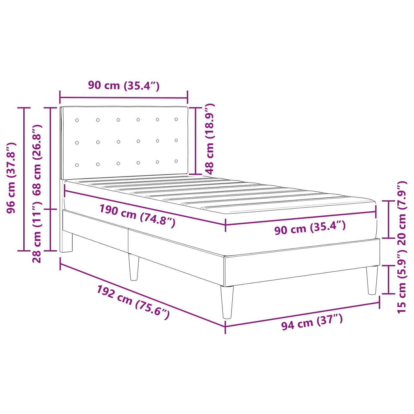 Bed Frame with Mattress Dark Grey 90 x 190 cm Fabric