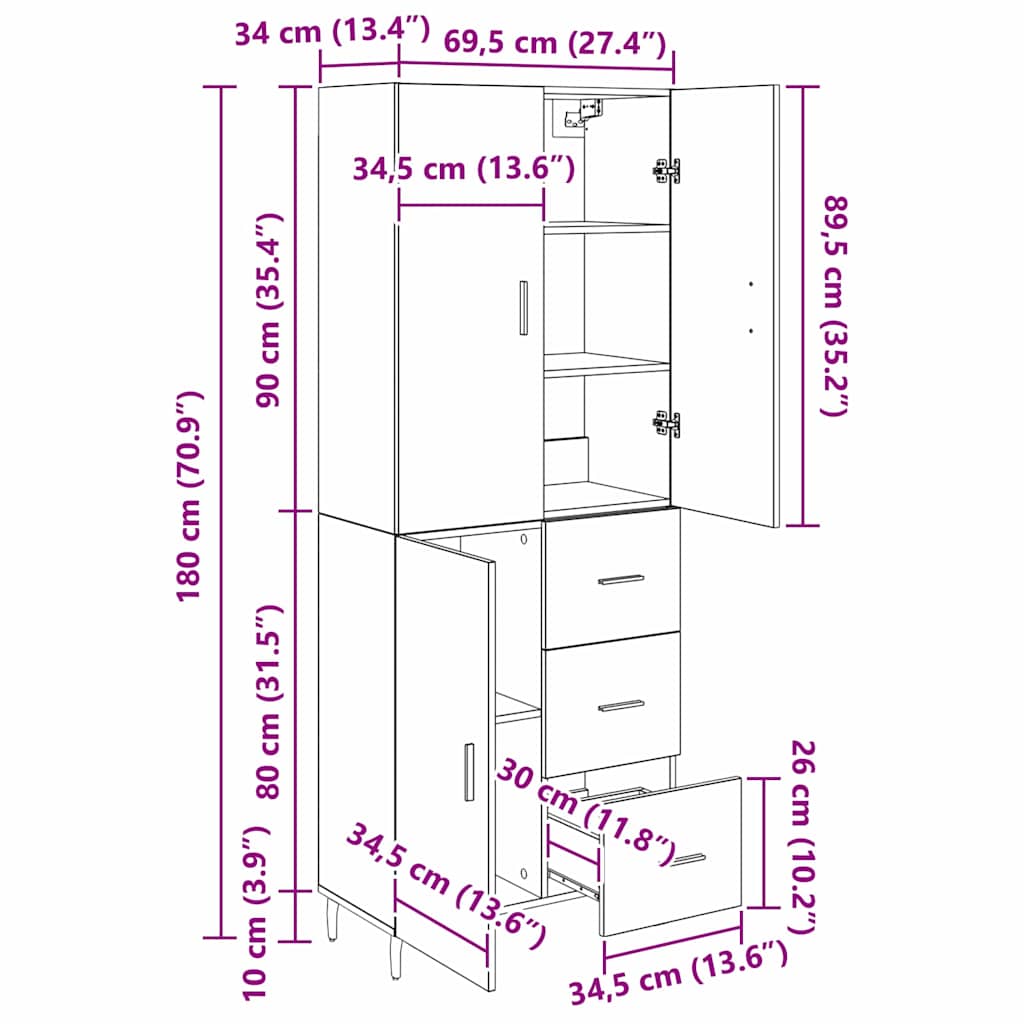 Highboard 2 pcs Artisan Oak 69.5 x 34 x 180 cm Engineered Wood