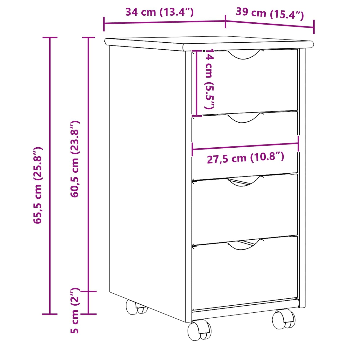 Rolling Cabinet 34 x 39 x 65.5 cm Solid Pine Wood White