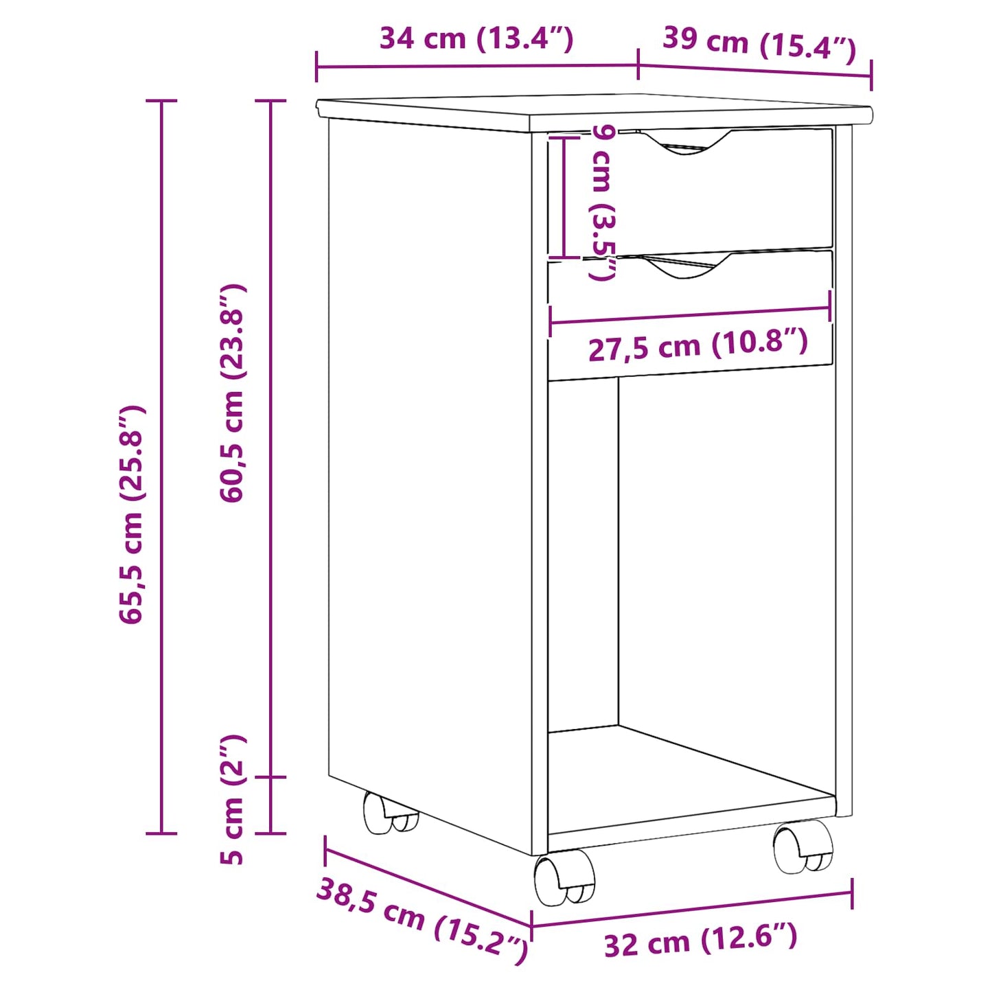 Rolling Cabinet 34 x 39 x 65.5 cm Solid Pine Wood White