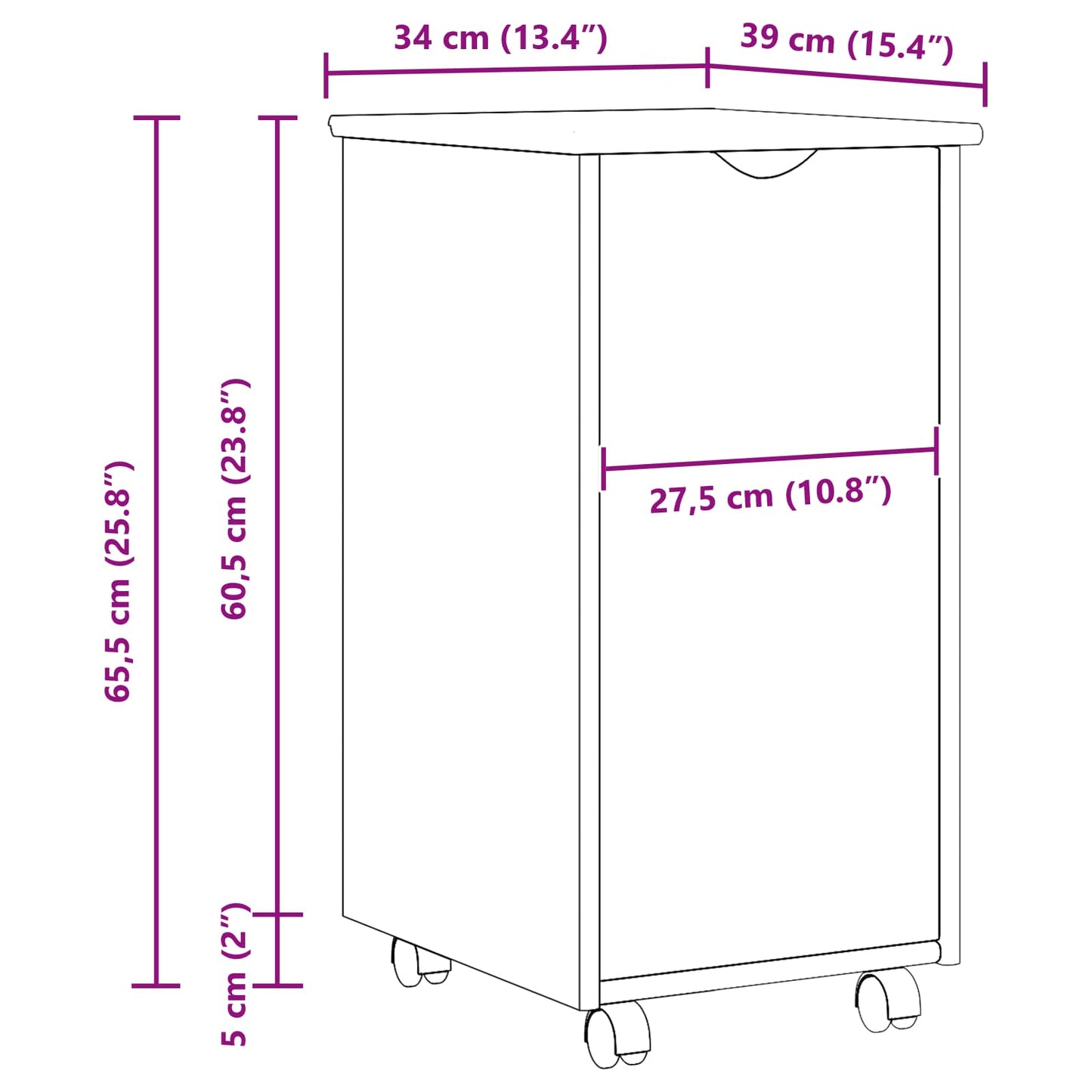 Rolling Cabinet White 34 x 39 x 65.5 cm Solid Pine Wood