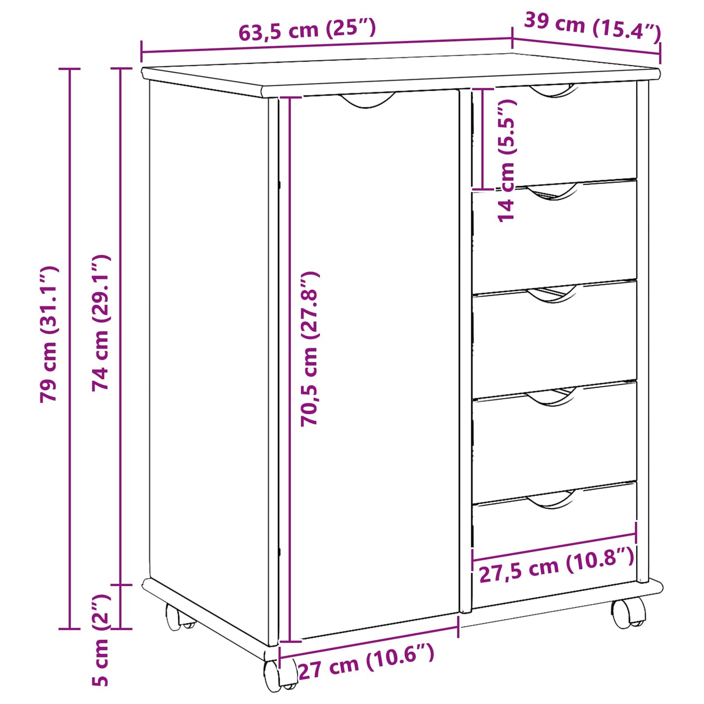 Rolling Cabinet 63.5 x 39 x 79 cm Solid Pine Wood Grey