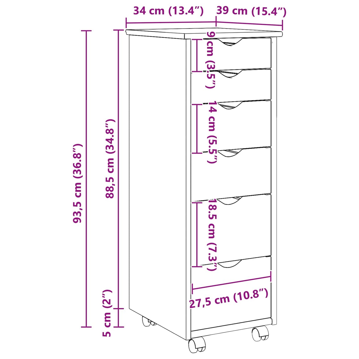 Rolling Cabinet 34 x 39 x 93.5 cm Solid Pine Wood Honey Brown