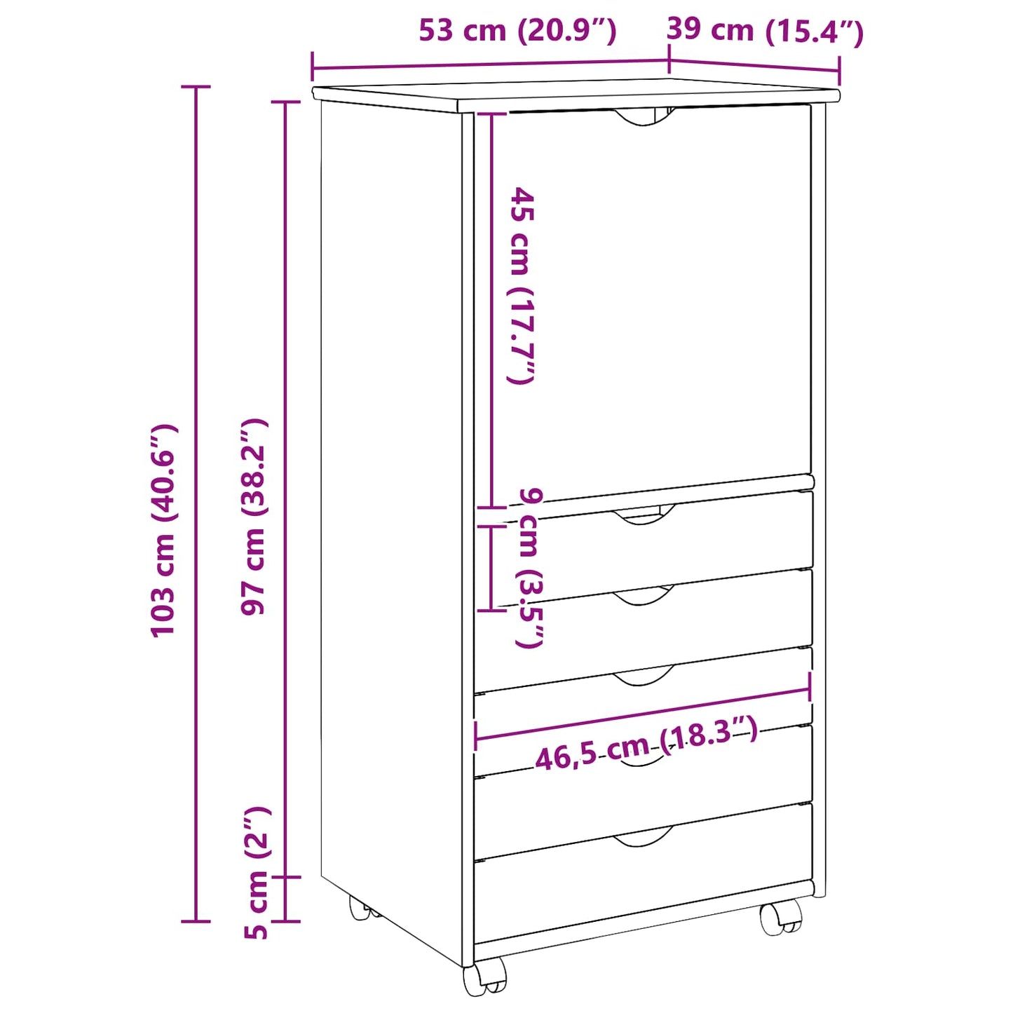 Rolling Cabinet 53 x 39 x 103 cm Solid Pine Wood Black