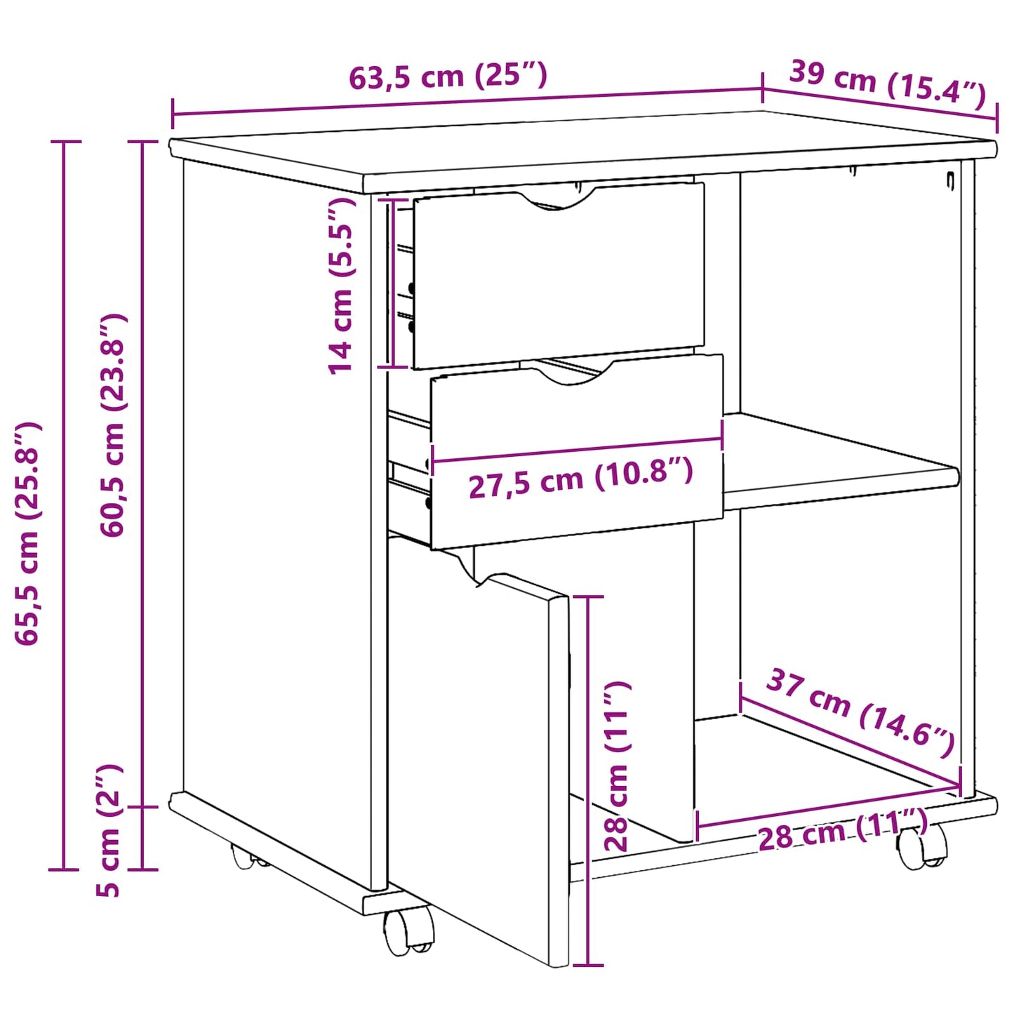 Rolling Cabinet 63.5 x 39 x 65.5 cm Solid Pine Wood White