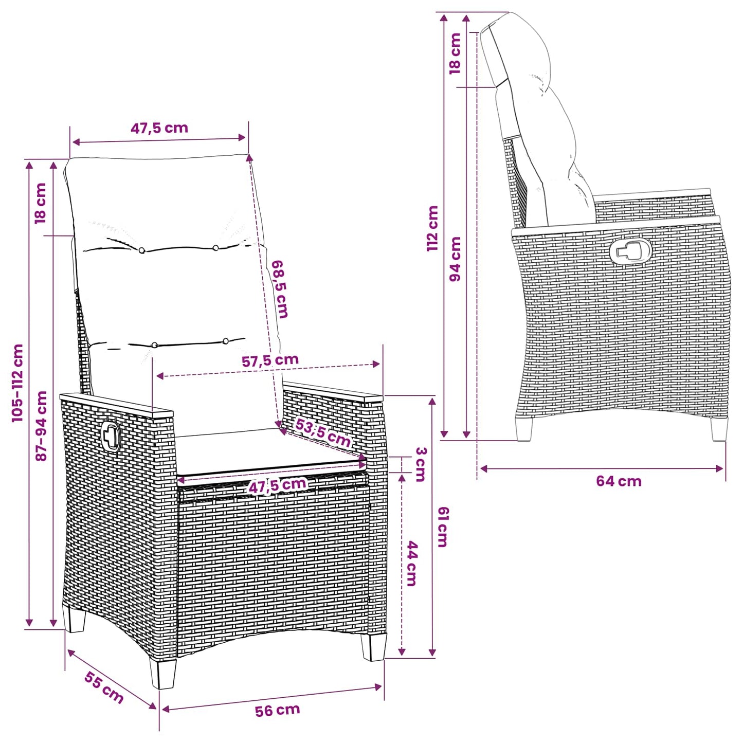 Reclining Garden Chair Beige and Cream 25.20 x 22.64 x 44.09 in