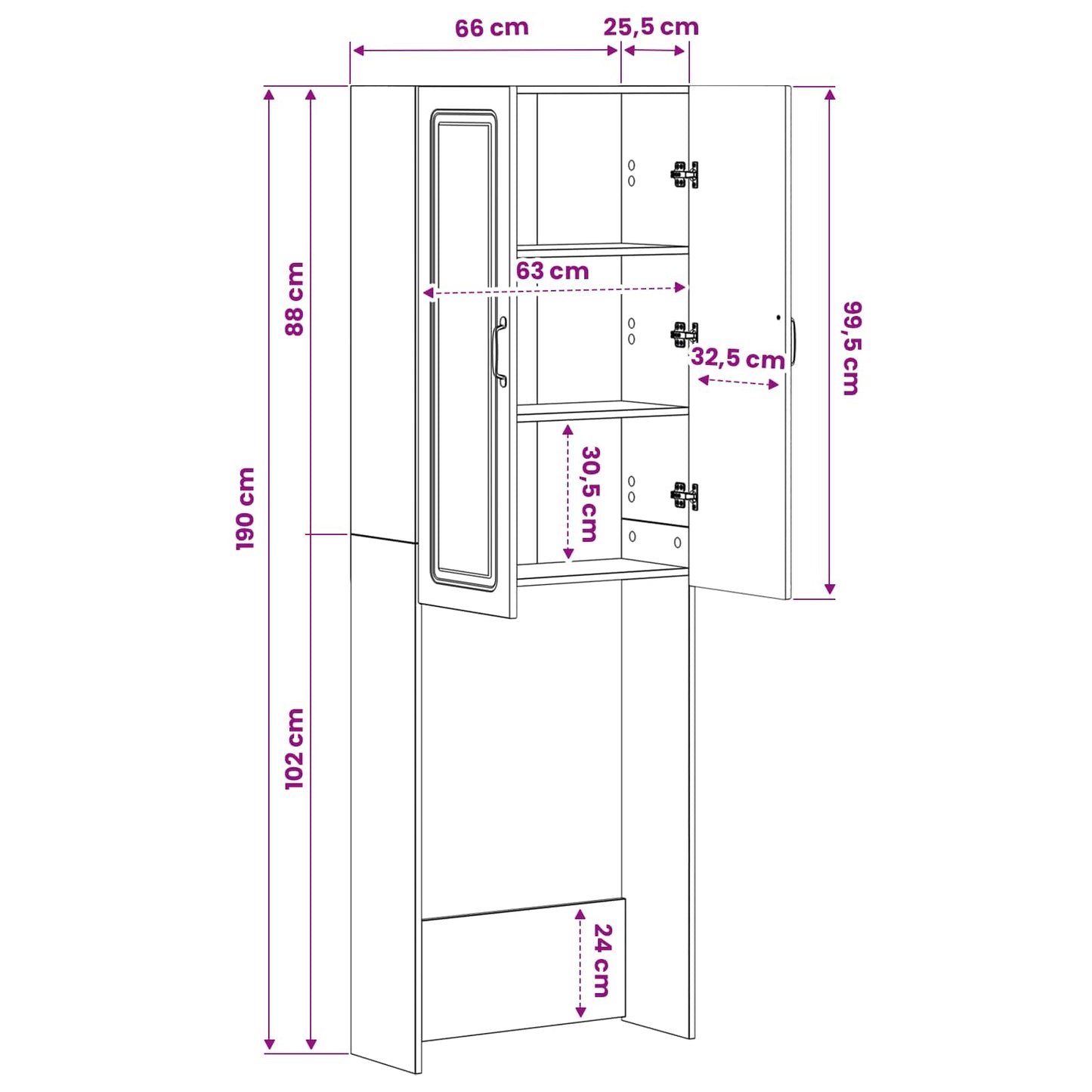 Toilet Cabinet UTRECHT High Gloss White 66 x 25.5 x 190 cm