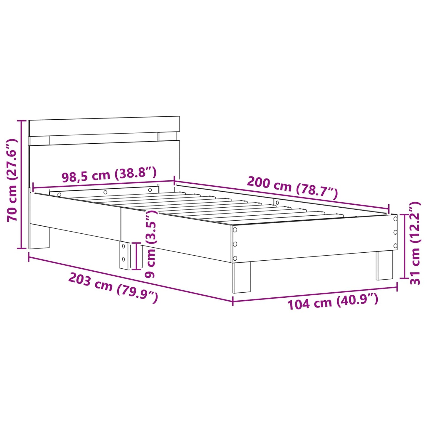 Bed Frame Black Oak 98.5 x 200 cm Engineered Wood
