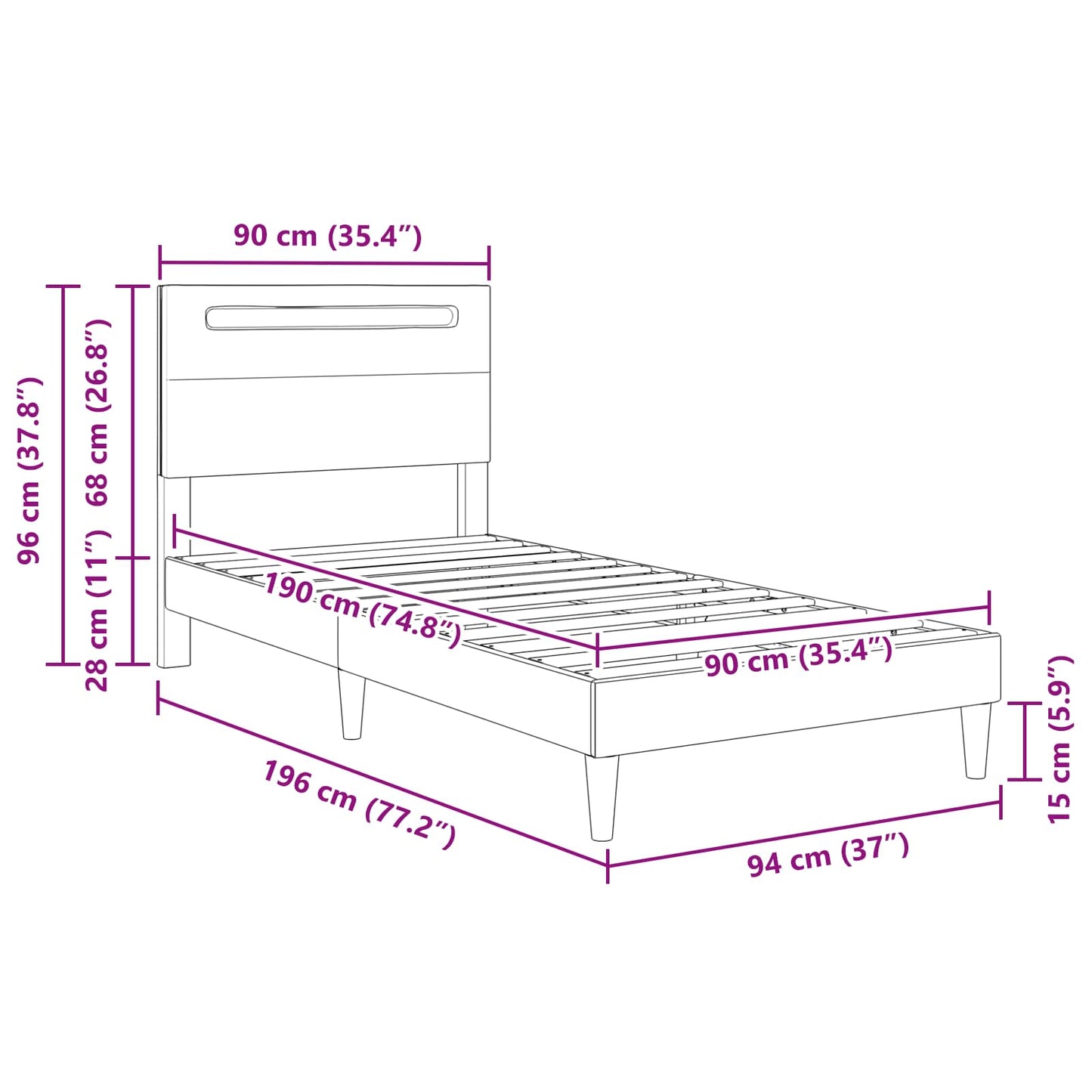 Bed Frame with LED Strip Lights White 90 x 190 cm Faux Leather
