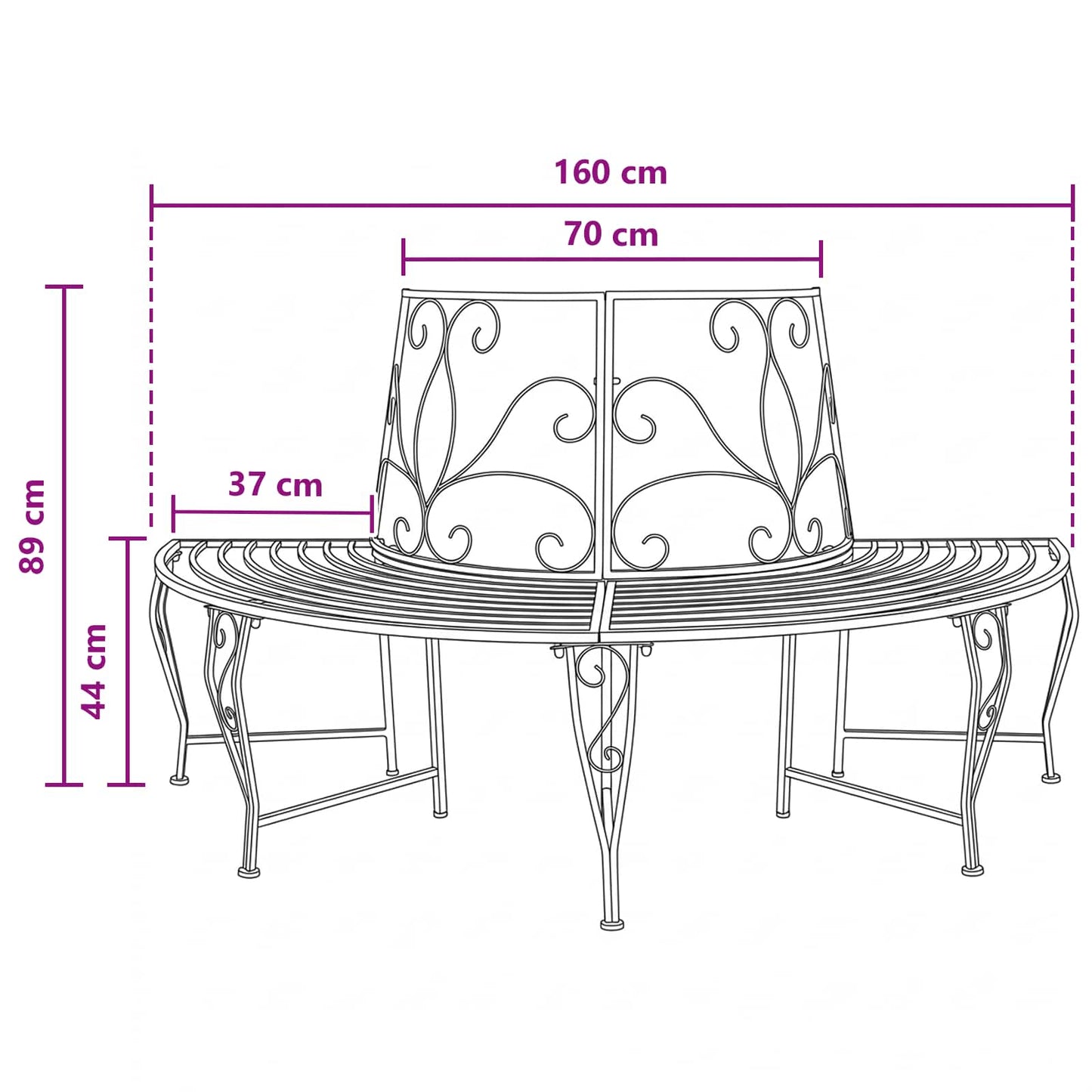 Tree Bench 4-Seater 160 x 80 x 89 cm Steel Black Half-round