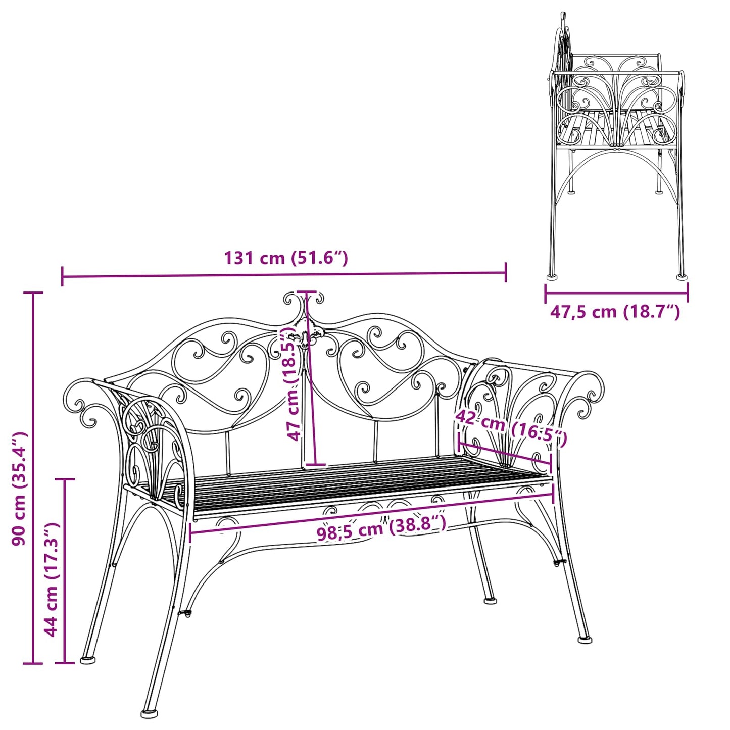 Garden Bench 2-Seater 130 x 47 x 90 cm Steel Silver Grey