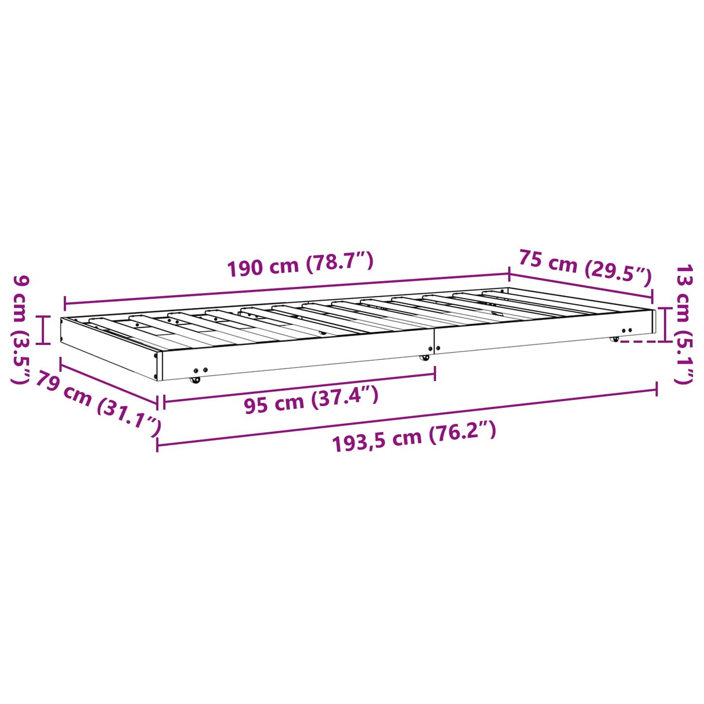 Bed Frame with Wheel Wax Brown 70 x 190 cm Solid Pine Wood