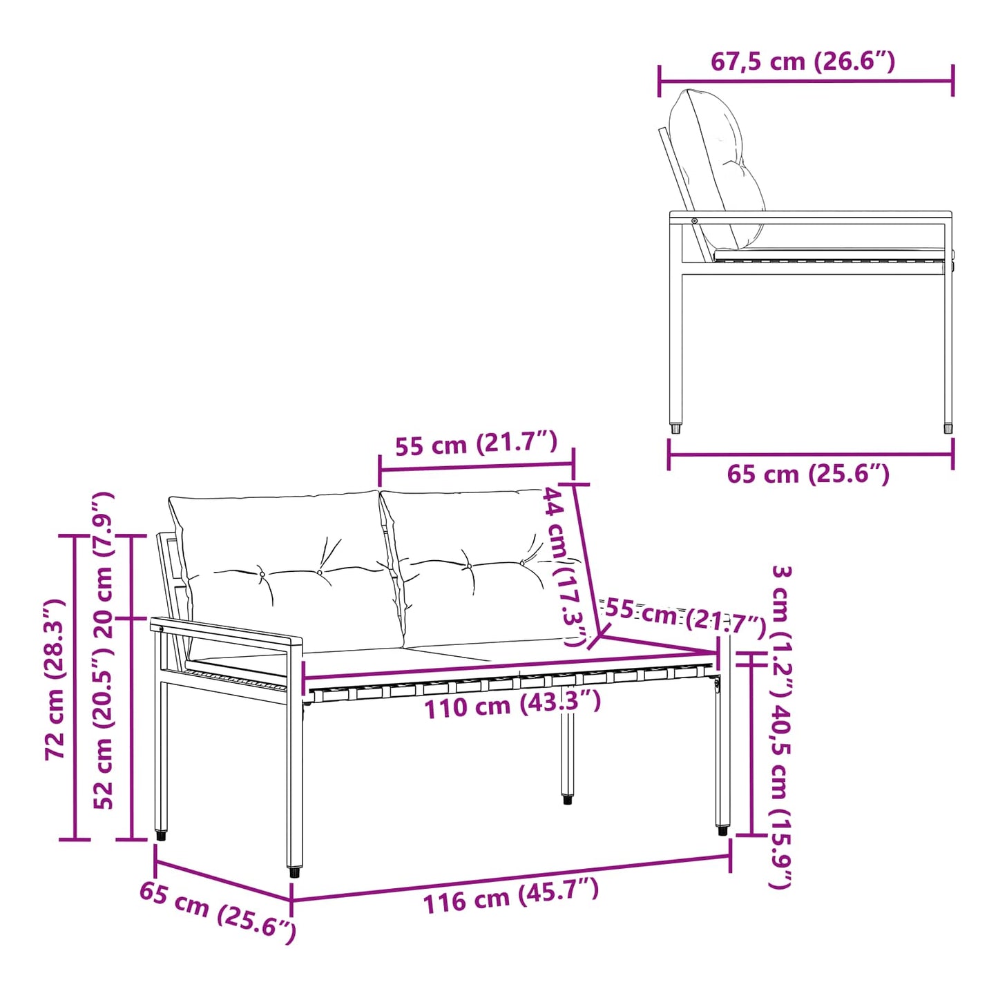 Outdoor Bench 2 -Seater 116 x 67.5 x 72 cm Poly Rattan