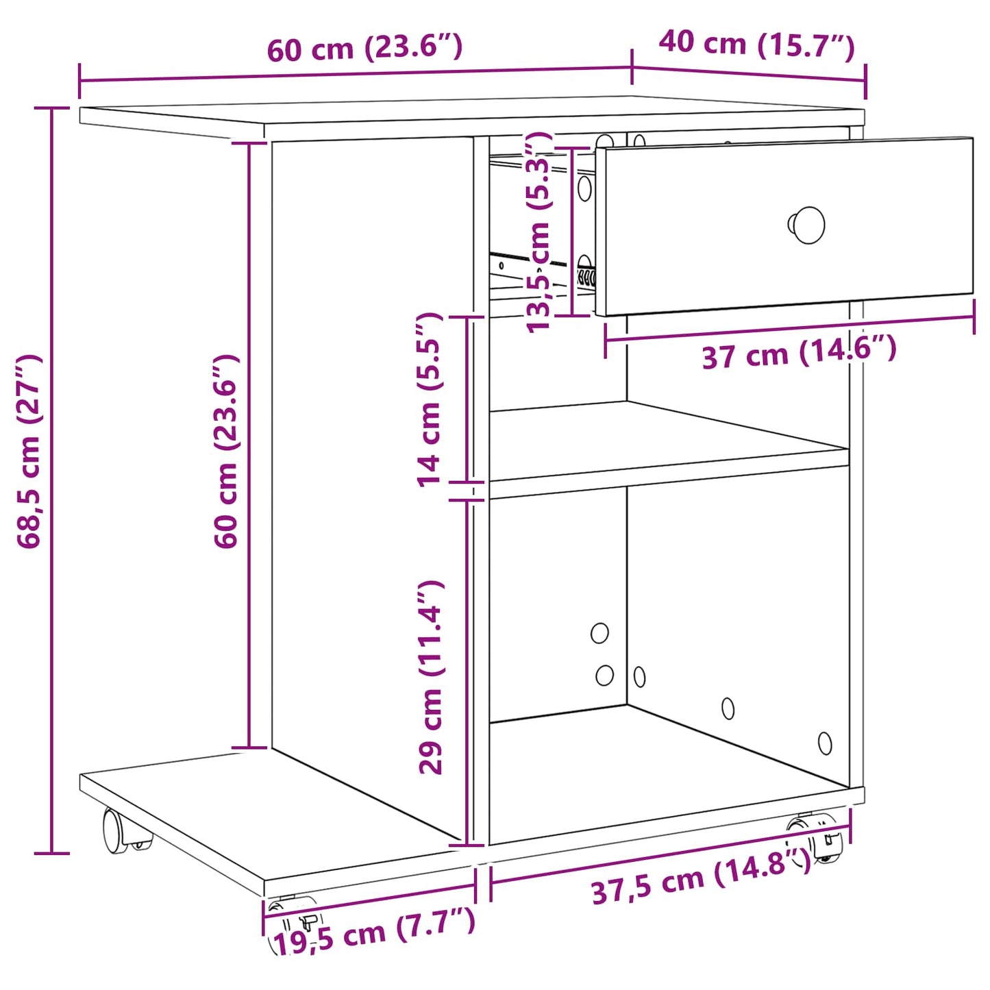 Printer Stand Black Oak 60 x 40 x 68.5 cm Engineered Wood