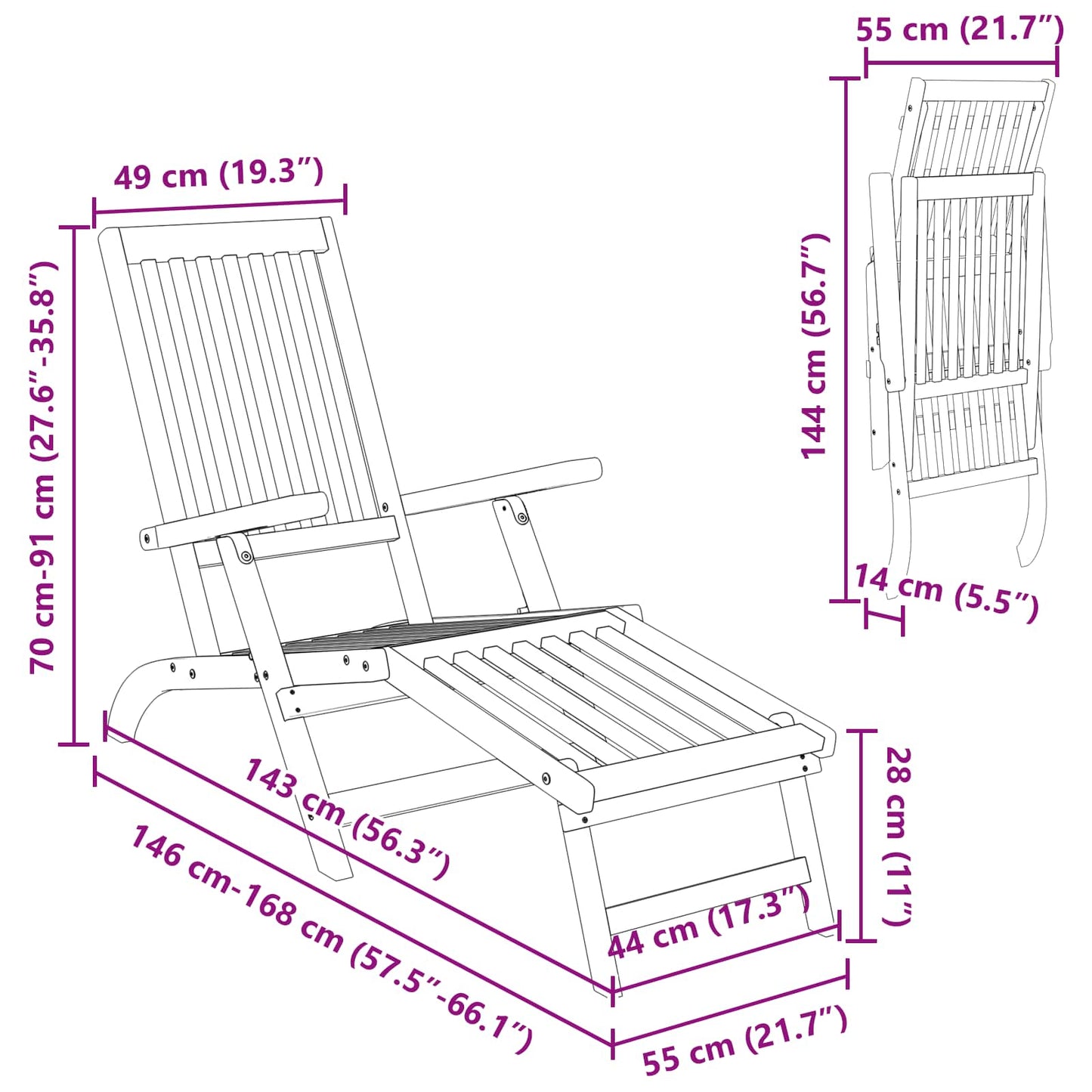 Reclining and Folding Sunlounger 2 pcs Solid Acacia Wood