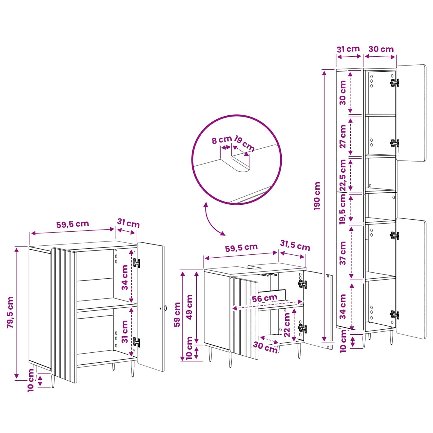3 Piece Bathroom Cabinet Set ZWOLLE Concrete Grey