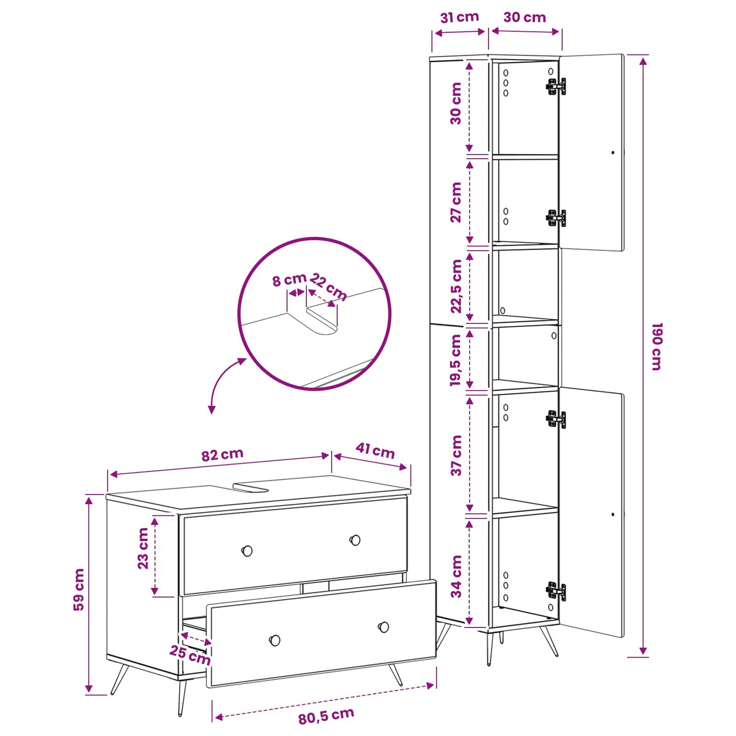 2 Piece Bathroom Cabinet Set BREDA Concrete Grey