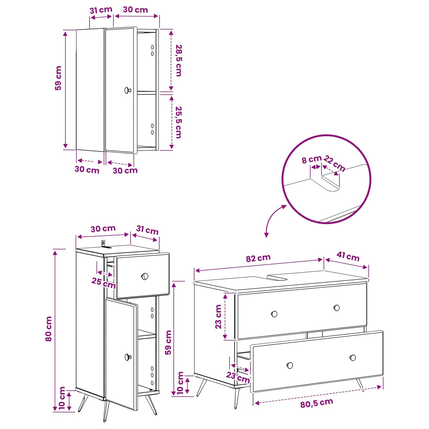 3 Piece Bathroom Cabinet Set BREDA Concrete Grey