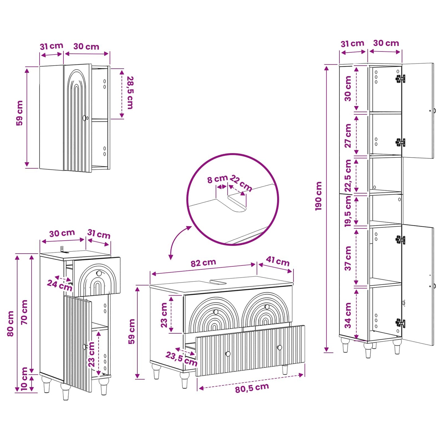 4 Piece Bathroom Cabinet Set ALKMAAR Grey Sonoma
