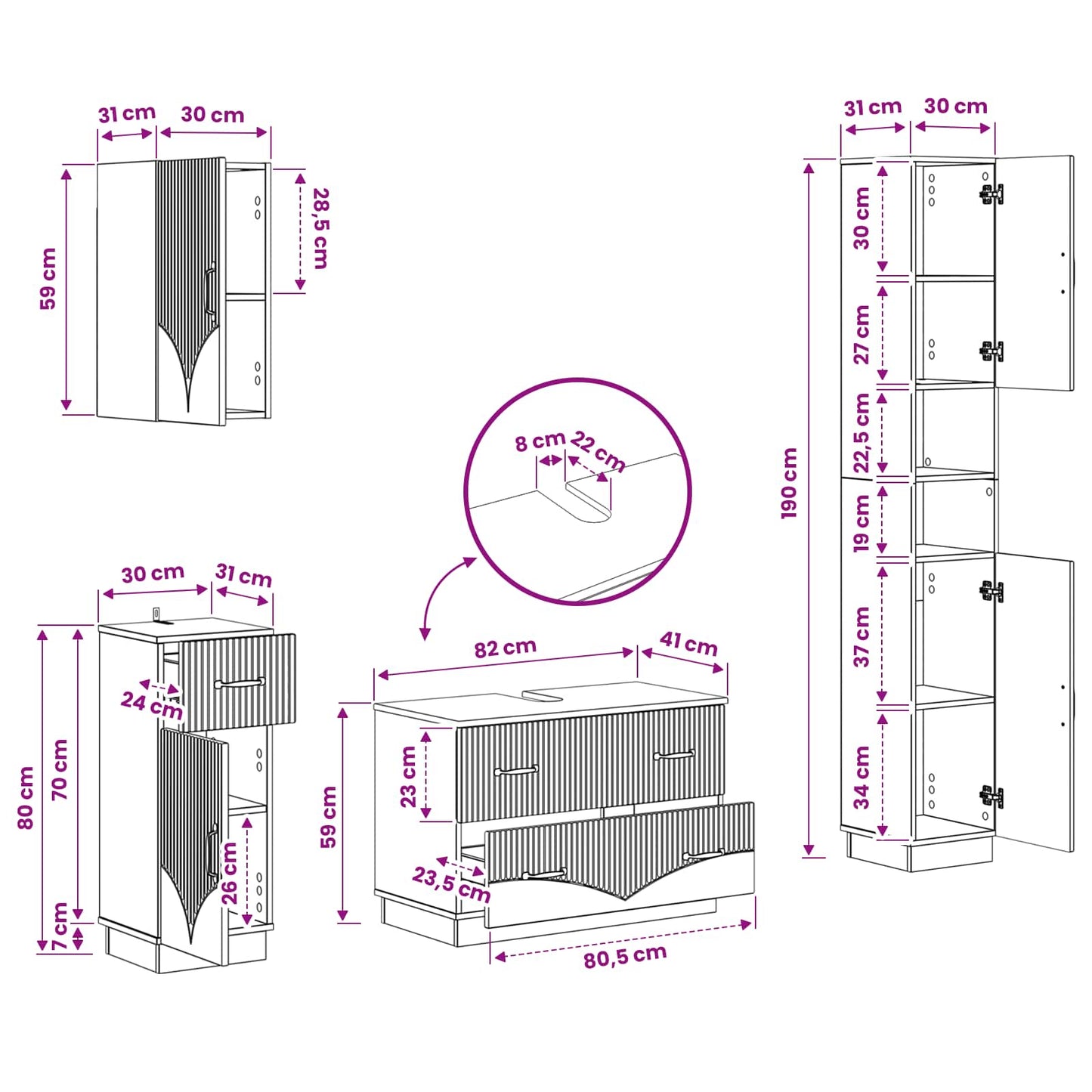 4 Piece Bathroom Cabinet Set HOORN High Gloss White