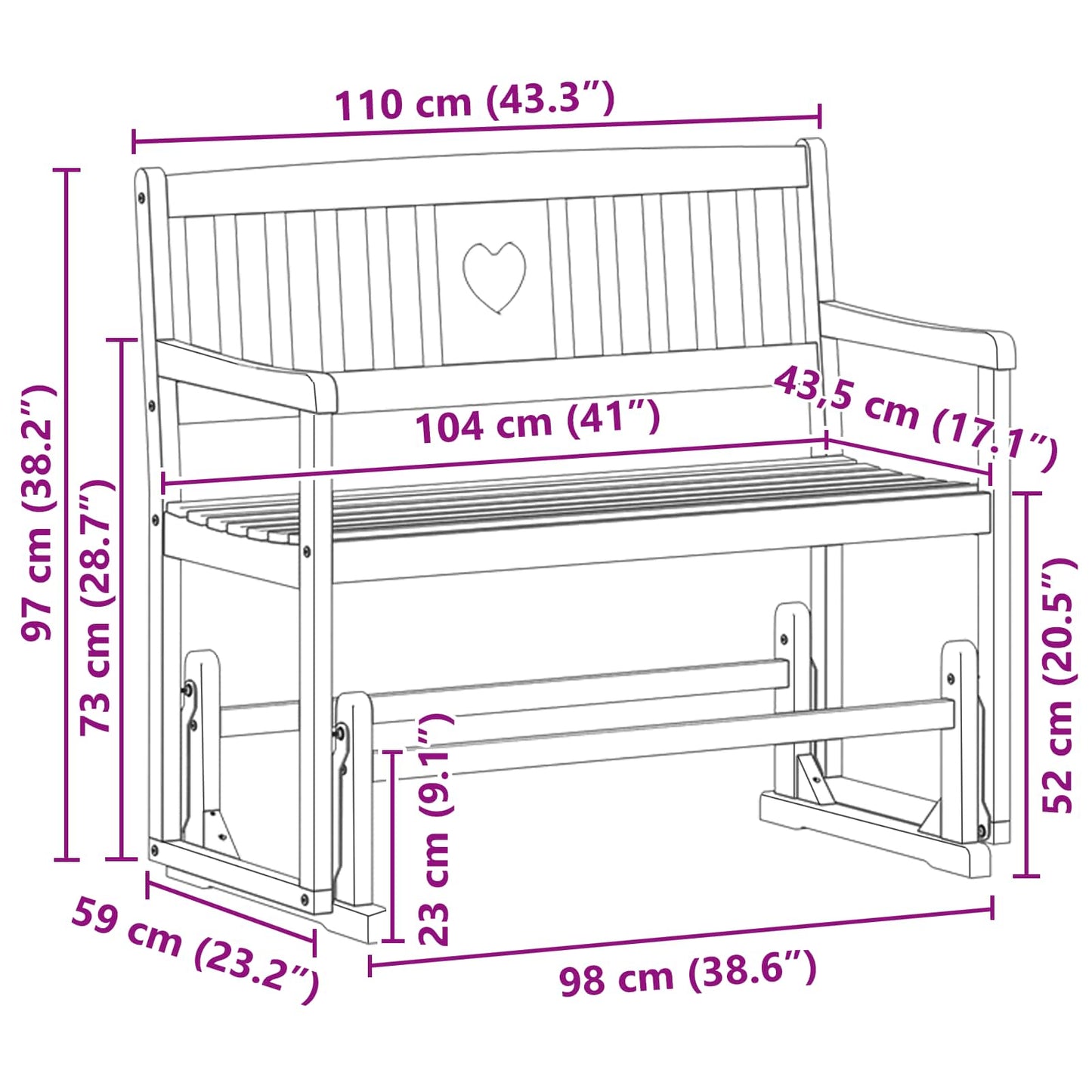 Garden Glider Bench Natural 110 x 59 x 97 cm Solid Acacia Wood