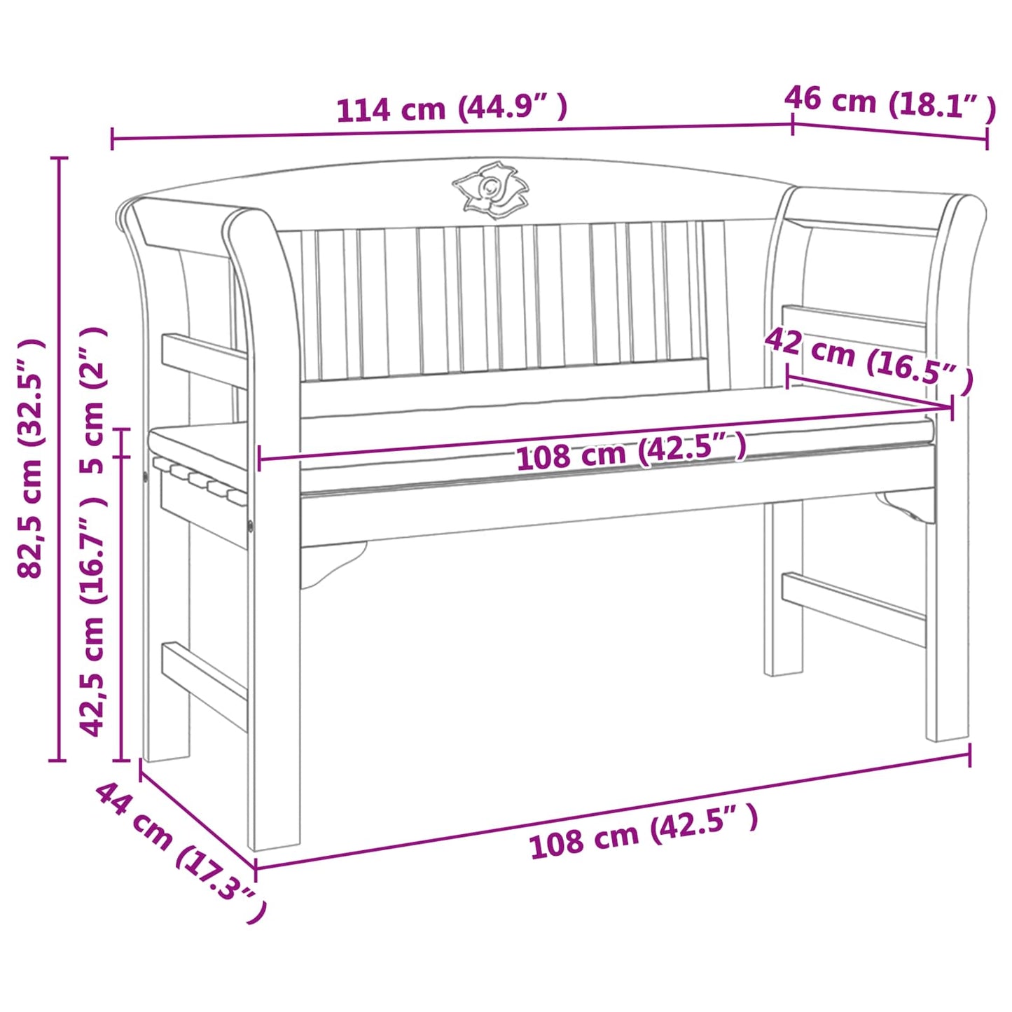 Rose Bench with Cushion Cream White 44.88 x 18.11 x 32.48 in