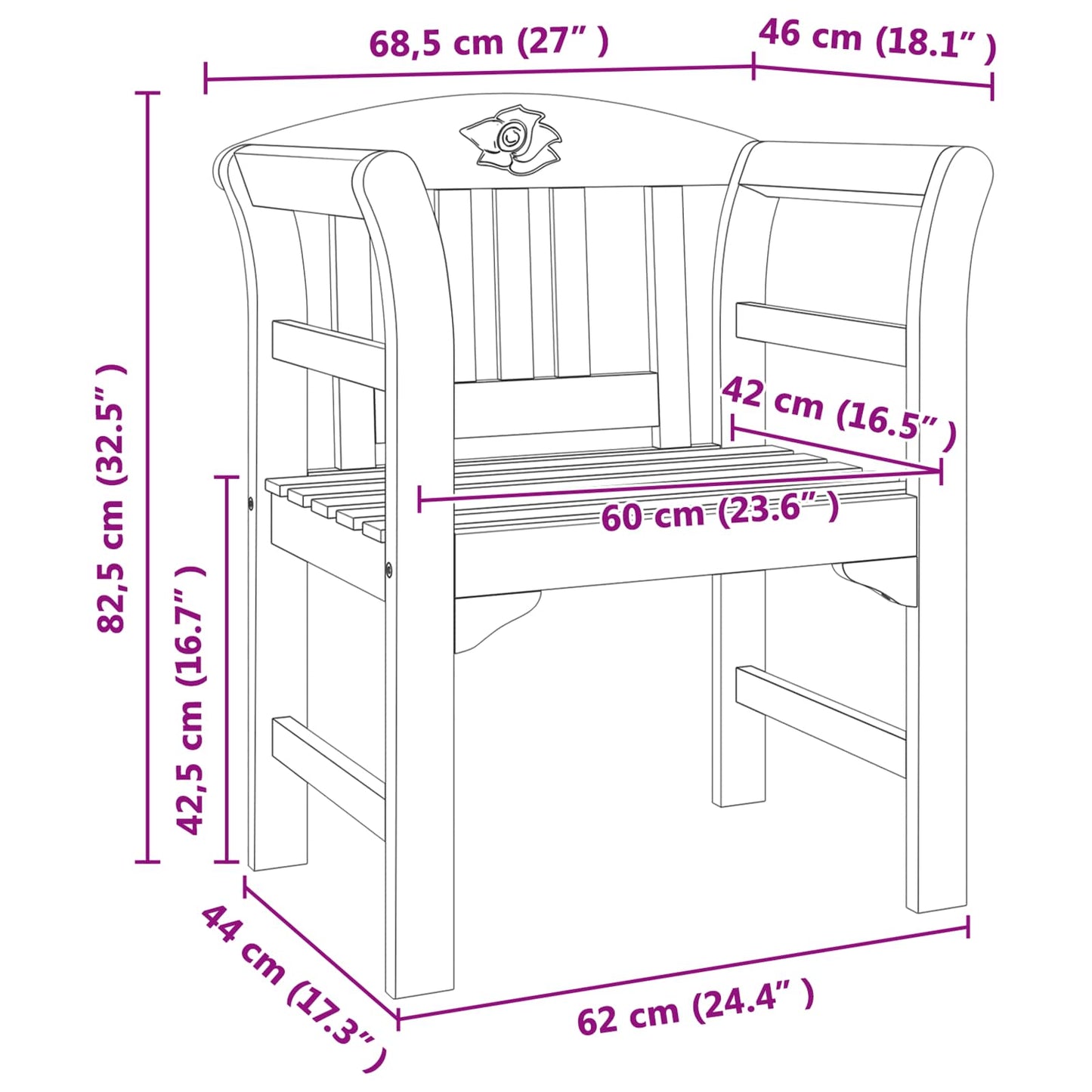 Rose Bench Natural 26.97 x 18.11 x 32.48 in Solid Acacia Wood