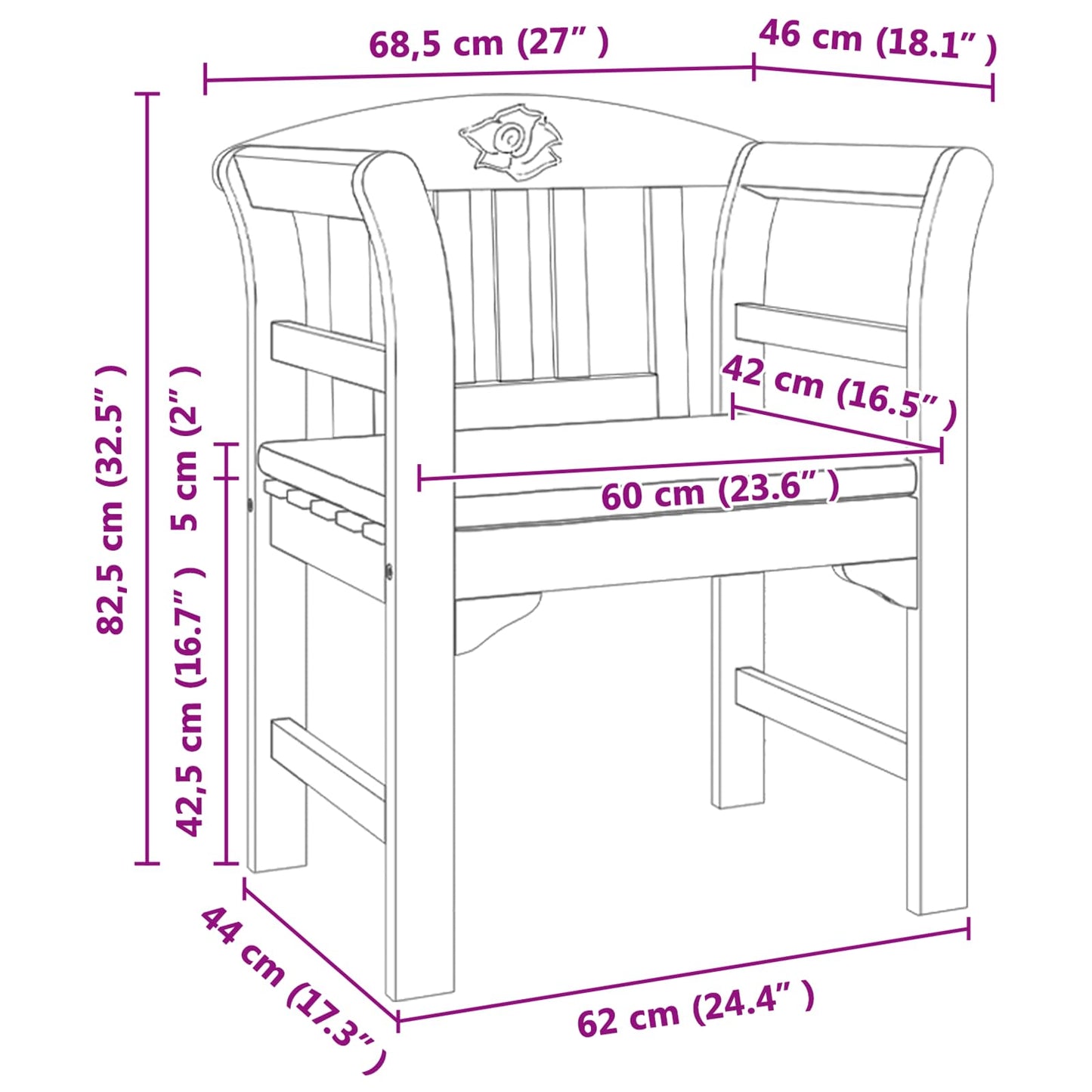 Rose Bench Natural 26.97 x 18.11 x 32.48 in Solid Acacia Wood