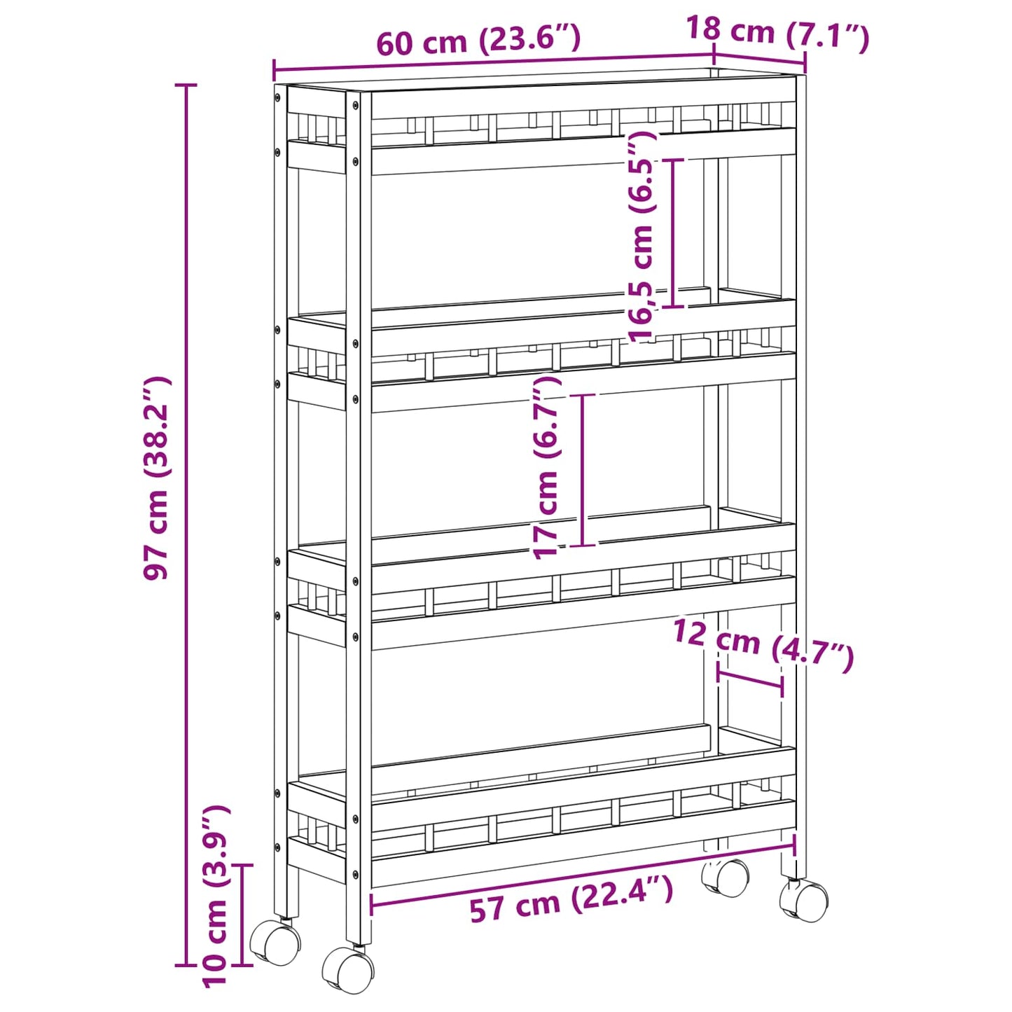 Kitchen Trolley with Wheels Natural 23.62 x 7.09 x 38.19 in