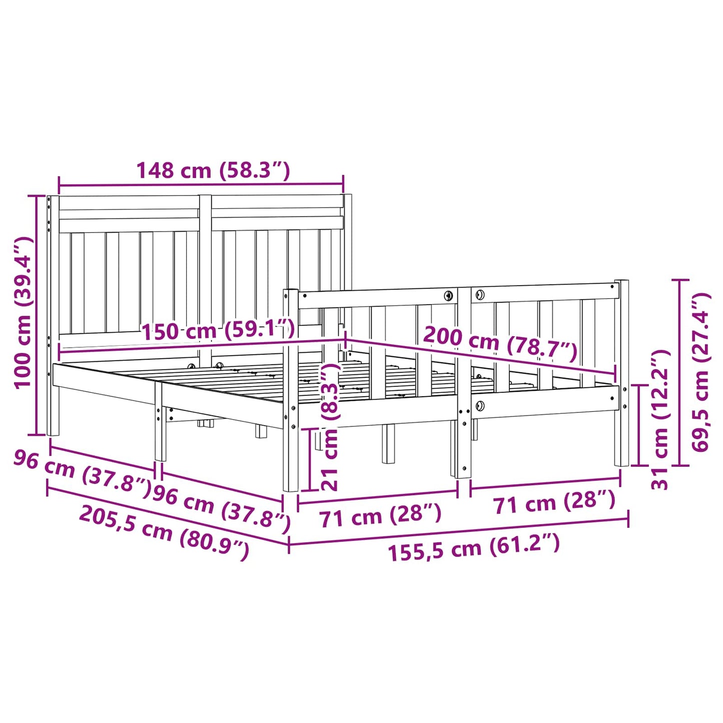 Bed Frame Wax Brown 205.5 x 155.5 x 100 cm Solid Pine Wood