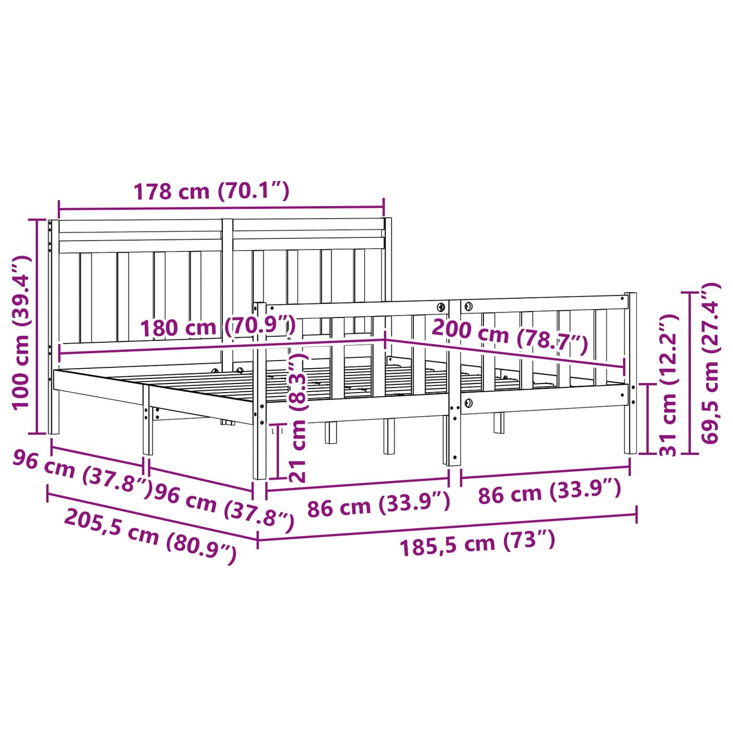 Bed Frame with Headboard 2 pcs Wax Brown 205.5 x 185.5 x 100 cm