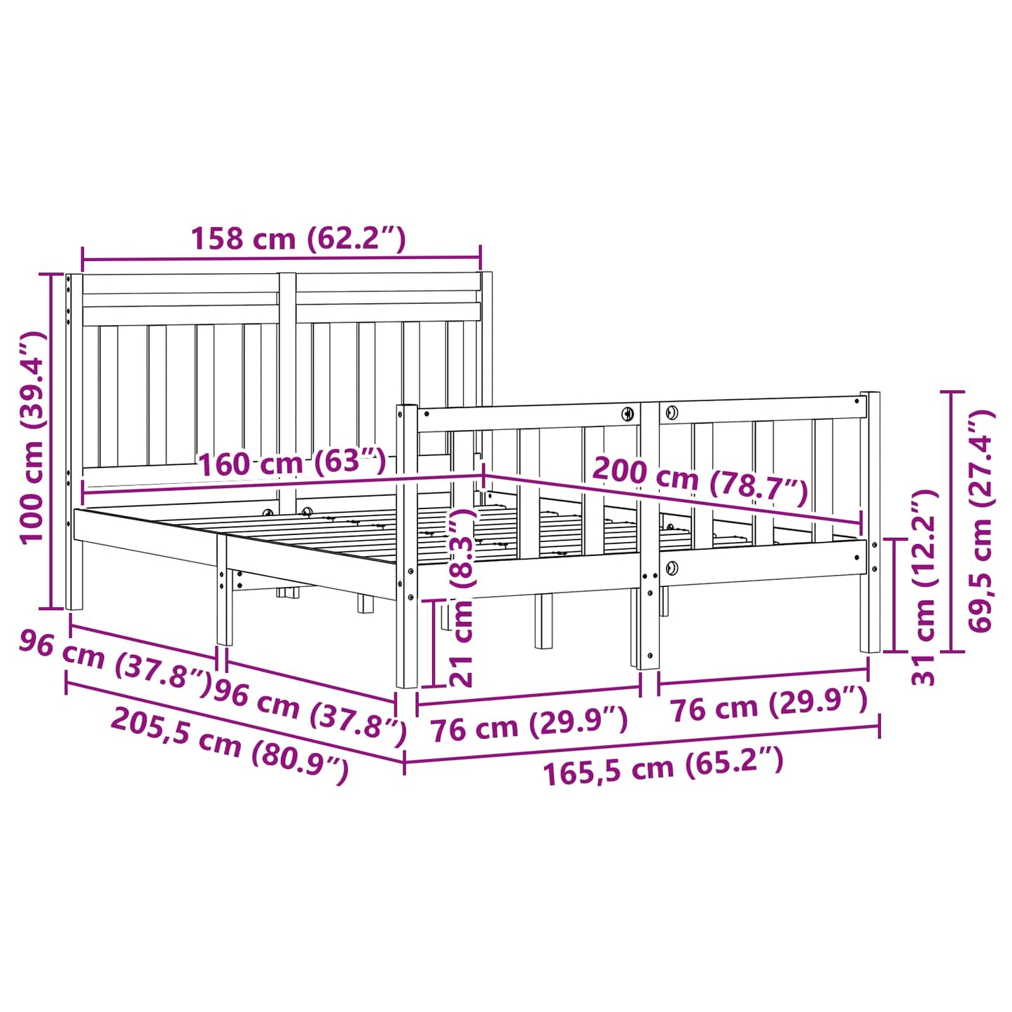 Bed Frame Wax Brown 205.5 x 165.5 x 100 cm Solid Pine Wood