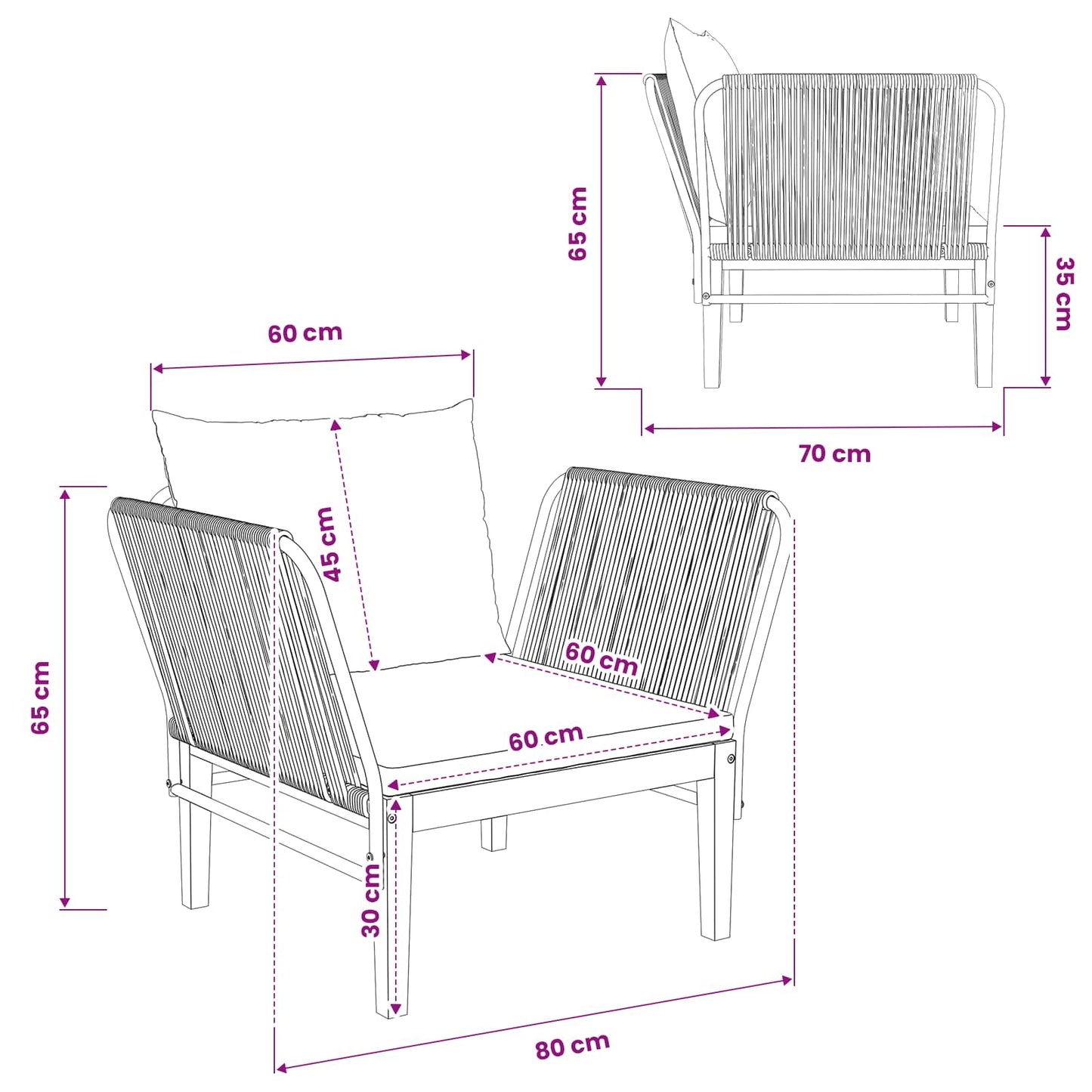 Garden Chair with Cushions Solid Acacia Wood & Rope Natural