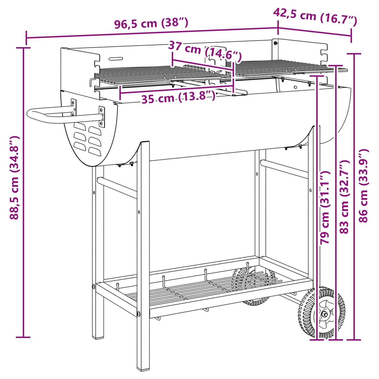 Charcoal grill 96.5 x 42.5 x 88.5 cm Black