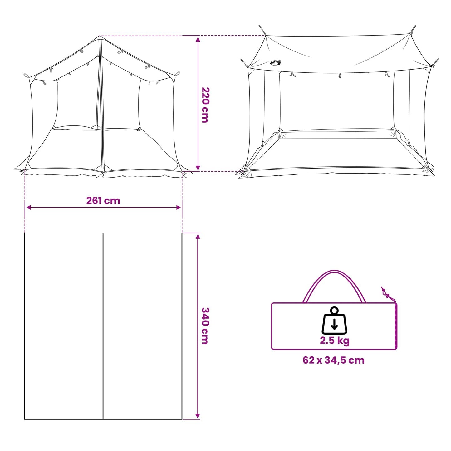 Camping Tarp with Mesh Walls Army Green 340 x 260 x 220 cm
