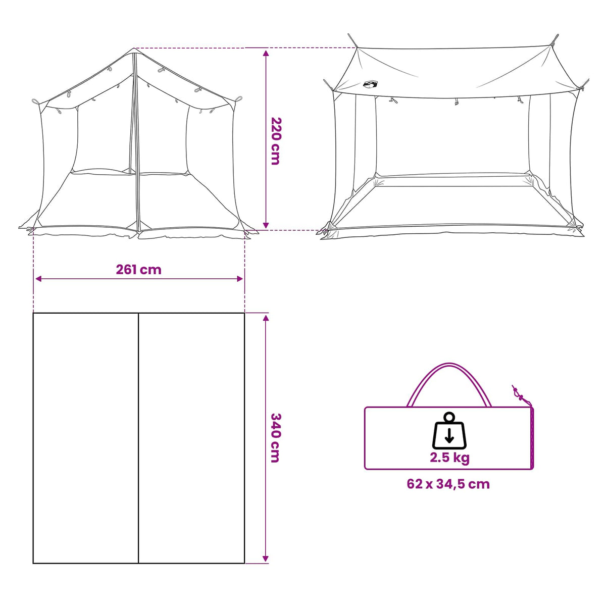 Camping Tarp with Mesh Walls 340 x 260 x 220 cm Army Green
