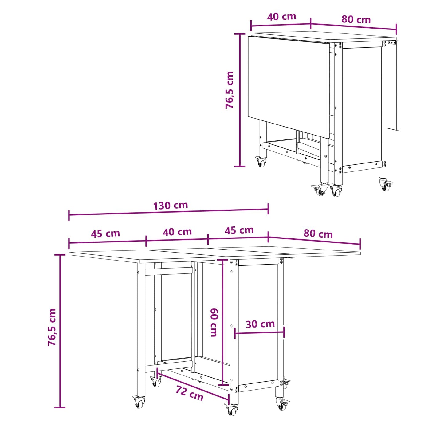Folding Dining Table with Castors 130 x 80 x 76.5 cm steel PB