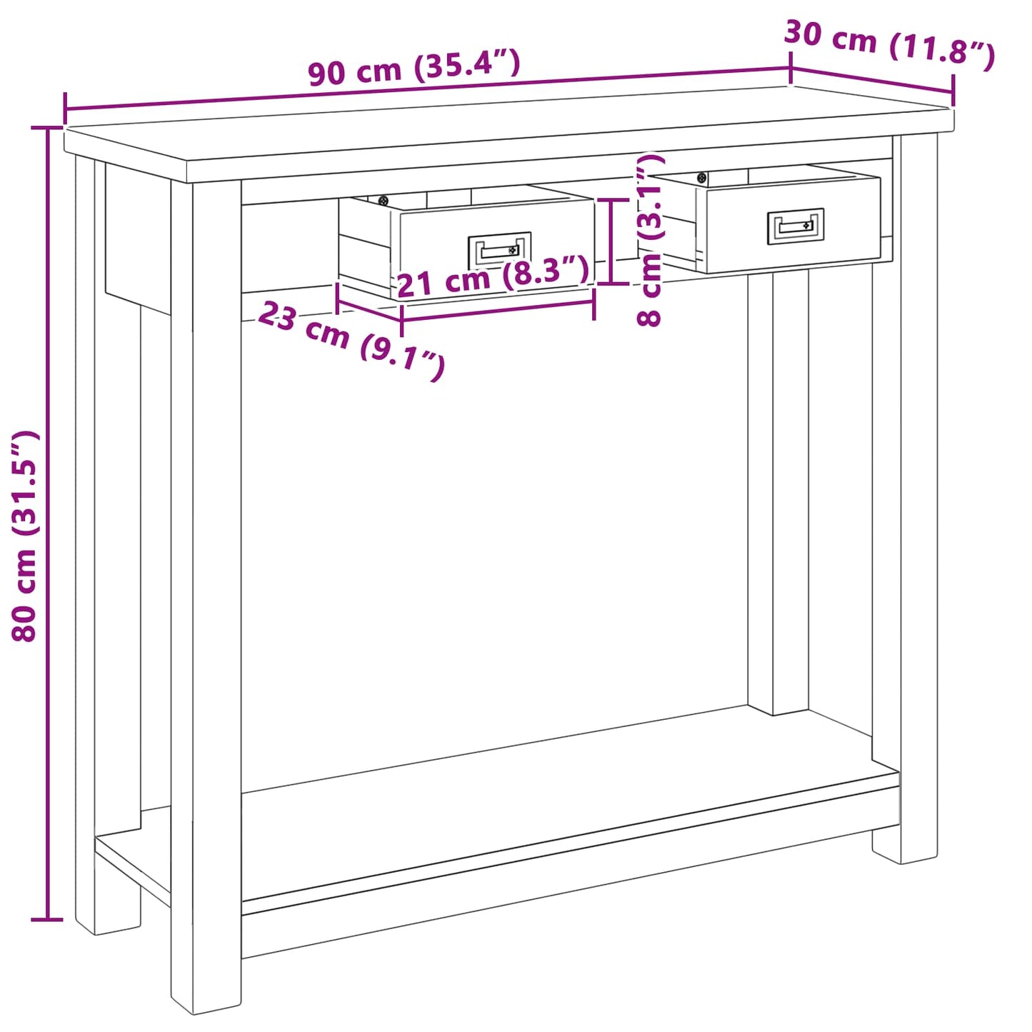 Console Table Natural 90 x 30 x 80 cm Solid Teak Wood