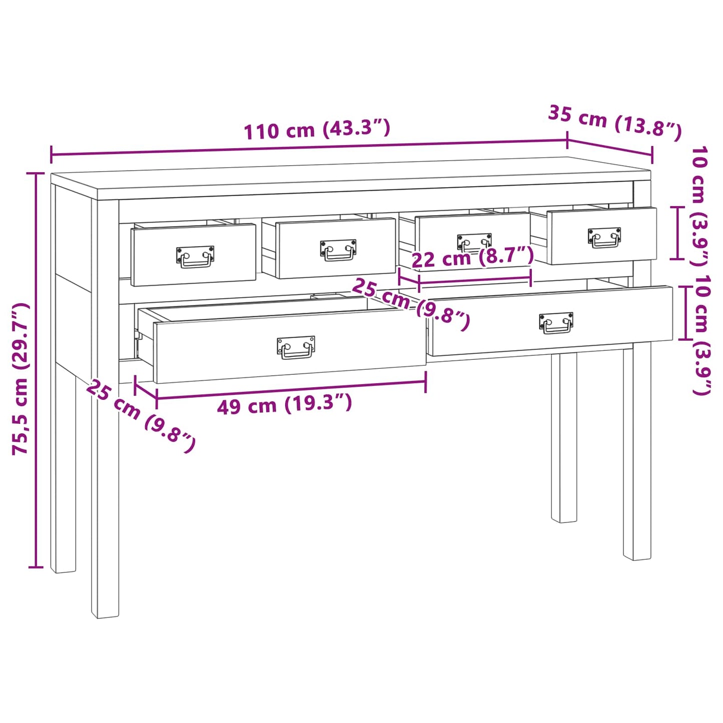 Sideboard Natural 110 x 35 x 75.5 cm Solid Teak Wood