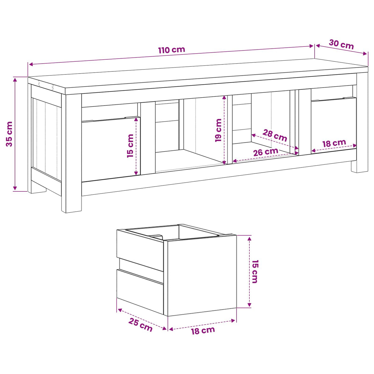 TV Cabinet 110 x 30 x 35 cm Natural Solid Teak Wood